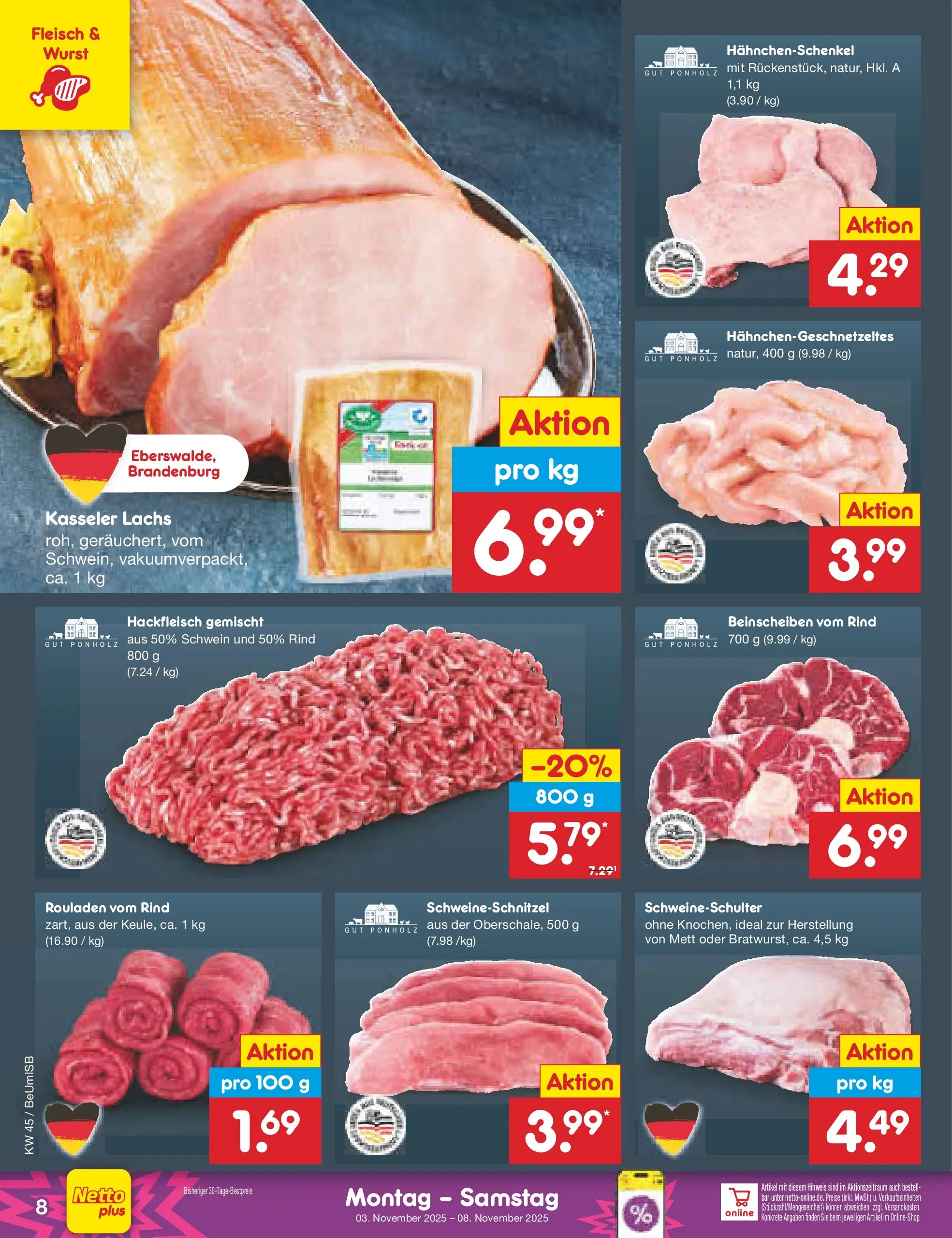 Netto Marken-Discount prospekt Kremmen	 (ab 03.11.2025) » Angebote | Seite: 8 | Produkte: Hahnchenschenkel, Lachs, Wurst, Fleisch