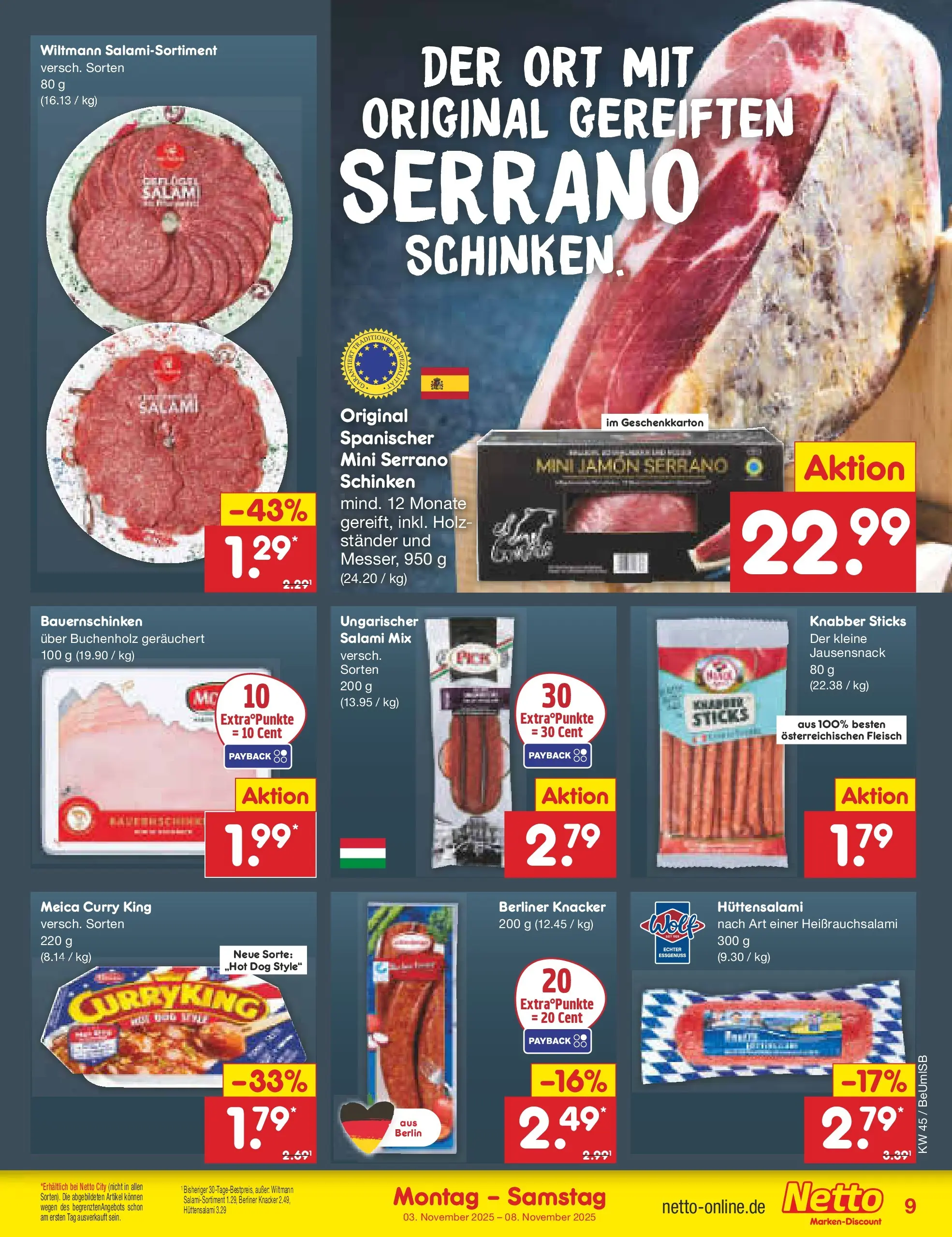 Netto Marken-Discount prospekt Kremmen	 (ab 03.11.2025) » Angebote | Seite: 9 | Produkte: Berliner, Meica, Salami, Fleisch
