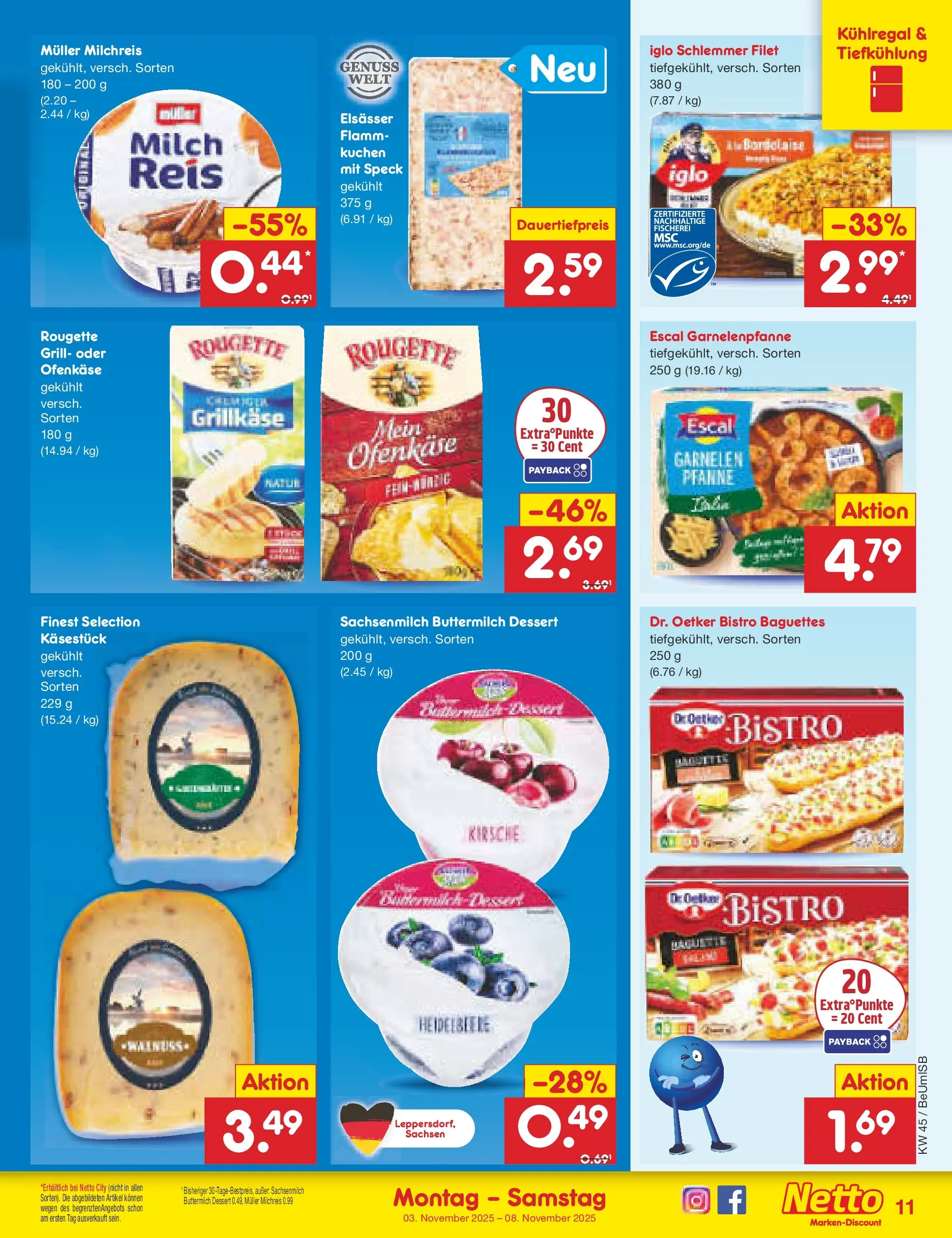 Netto Marken-Discount prospekt Kremmen	 (ab 03.11.2025) » Angebote | Seite: 11 | Produkte: Milch, Iglo, Garnelen, Kuchen