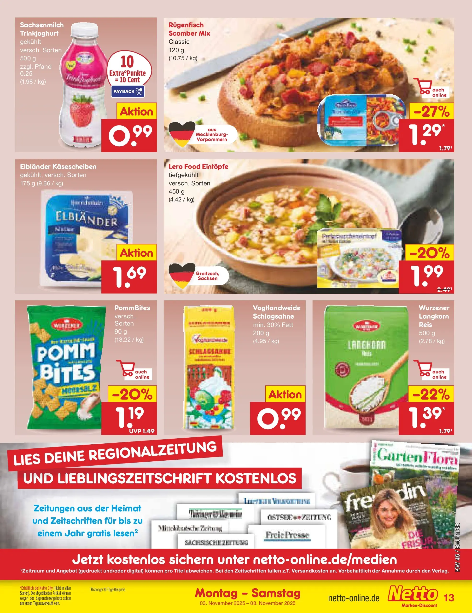 Netto Marken-Discount prospekt Kremmen	 (ab 03.11.2025) » Angebote | Seite: 13 | Produkte: Presse, Schlagsahne, Trinkjoghurt, Reis