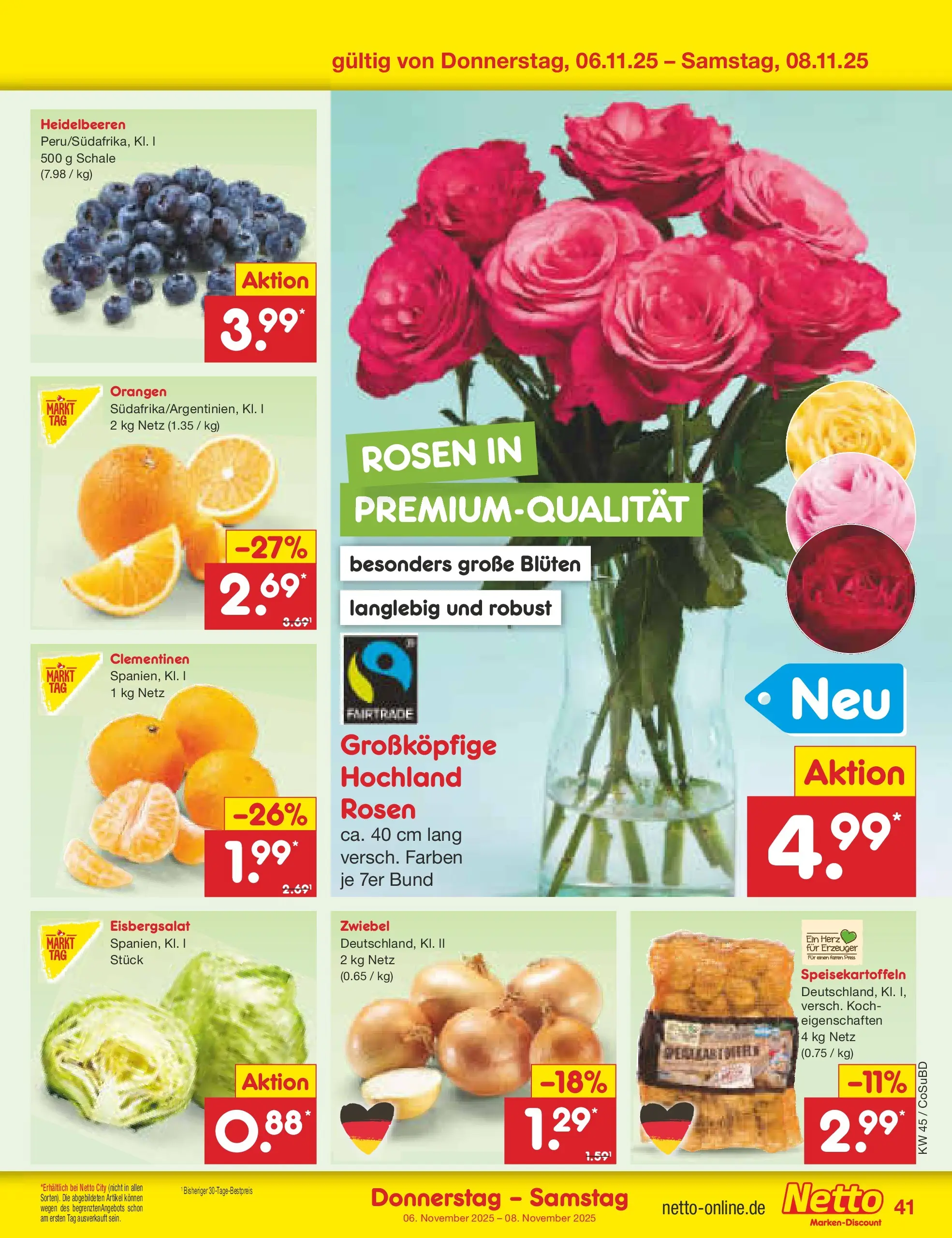 Netto Marken-Discount prospekt Delitzsch	 (ab 03.11.2025) » Angebote | Seite: 45 | Produkte: Orangen, Eisbergsalat, Heidelbeeren