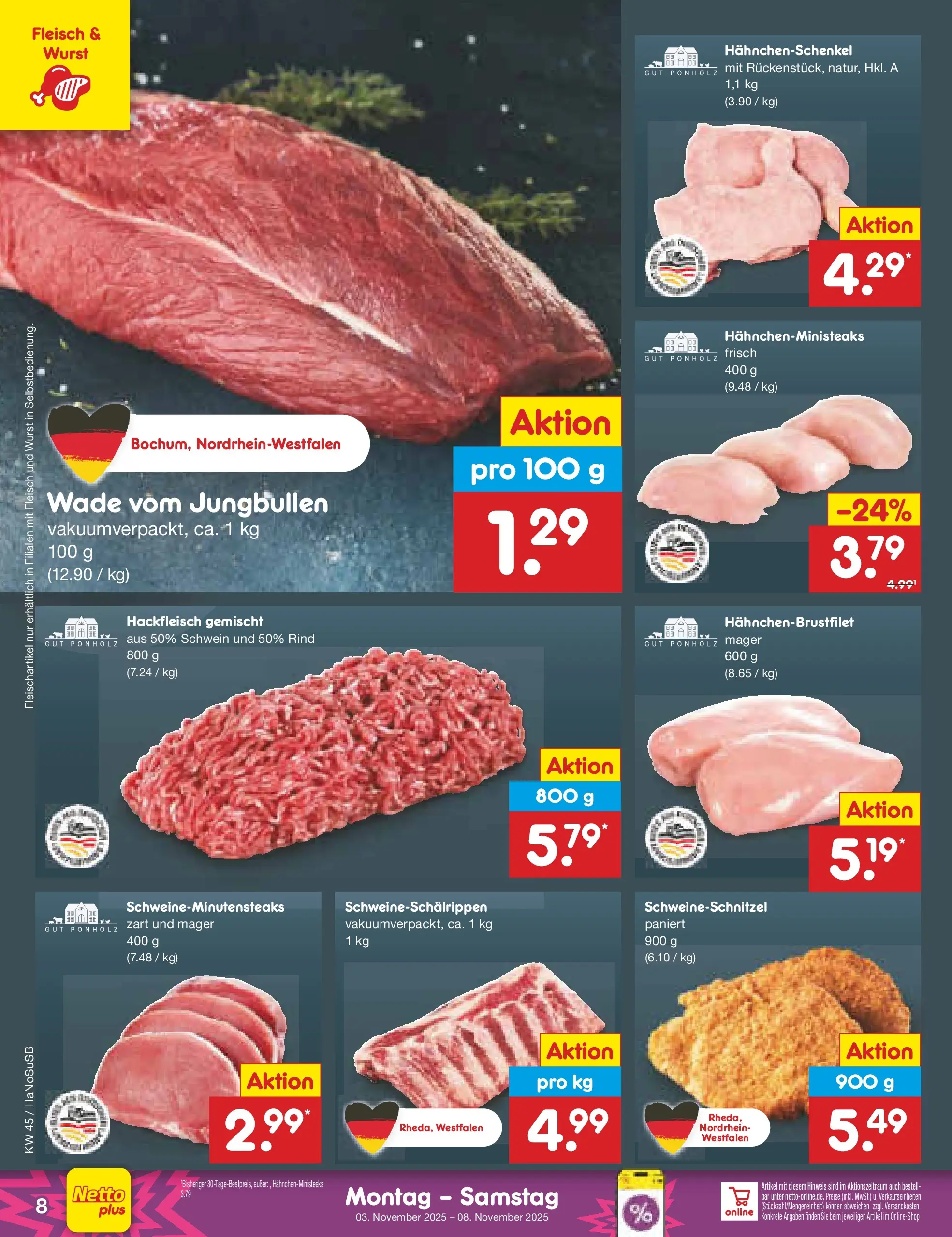 Netto Marken-Discount prospekt Wuppertal	 (ab 03.11.2025) » Angebote | Seite: 8 | Produkte: Hahnchenschenkel, Wurst, Fleisch, Hackfleisch Netto Marken-Discount prospekt Wuppertal	 (ab 03.11.2025) » Angebote | Seite: 8 | Produkte: Hahnchenschenkel, Wurst, Fleisch, Hackfleisch