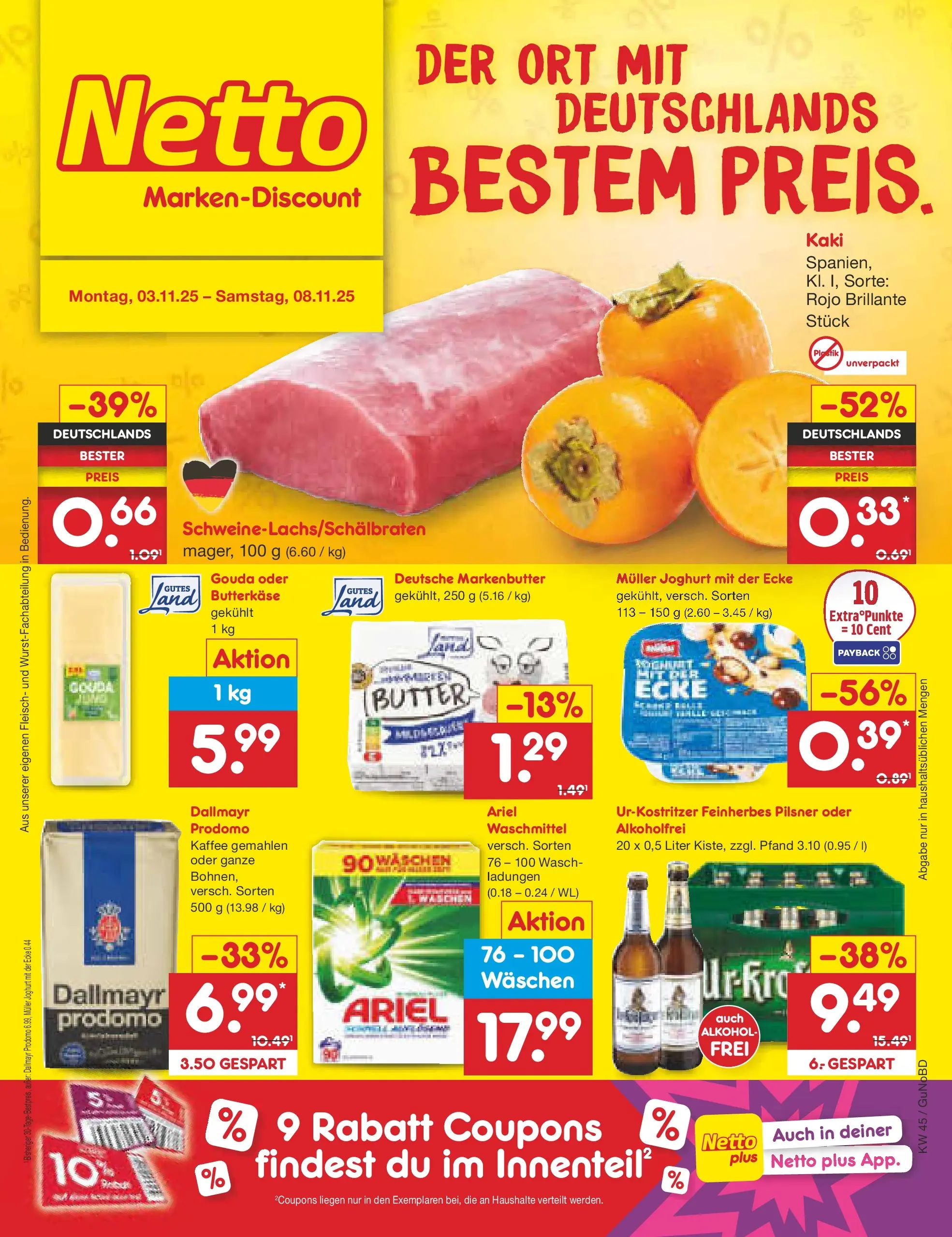 Netto Marken-Discount prospekt Augustusburg	 (ab 03.11.2025) » Angebote | Seite: 1 | Produkte: Butter, Ariel, Dallmayr prodomo, Fleisch