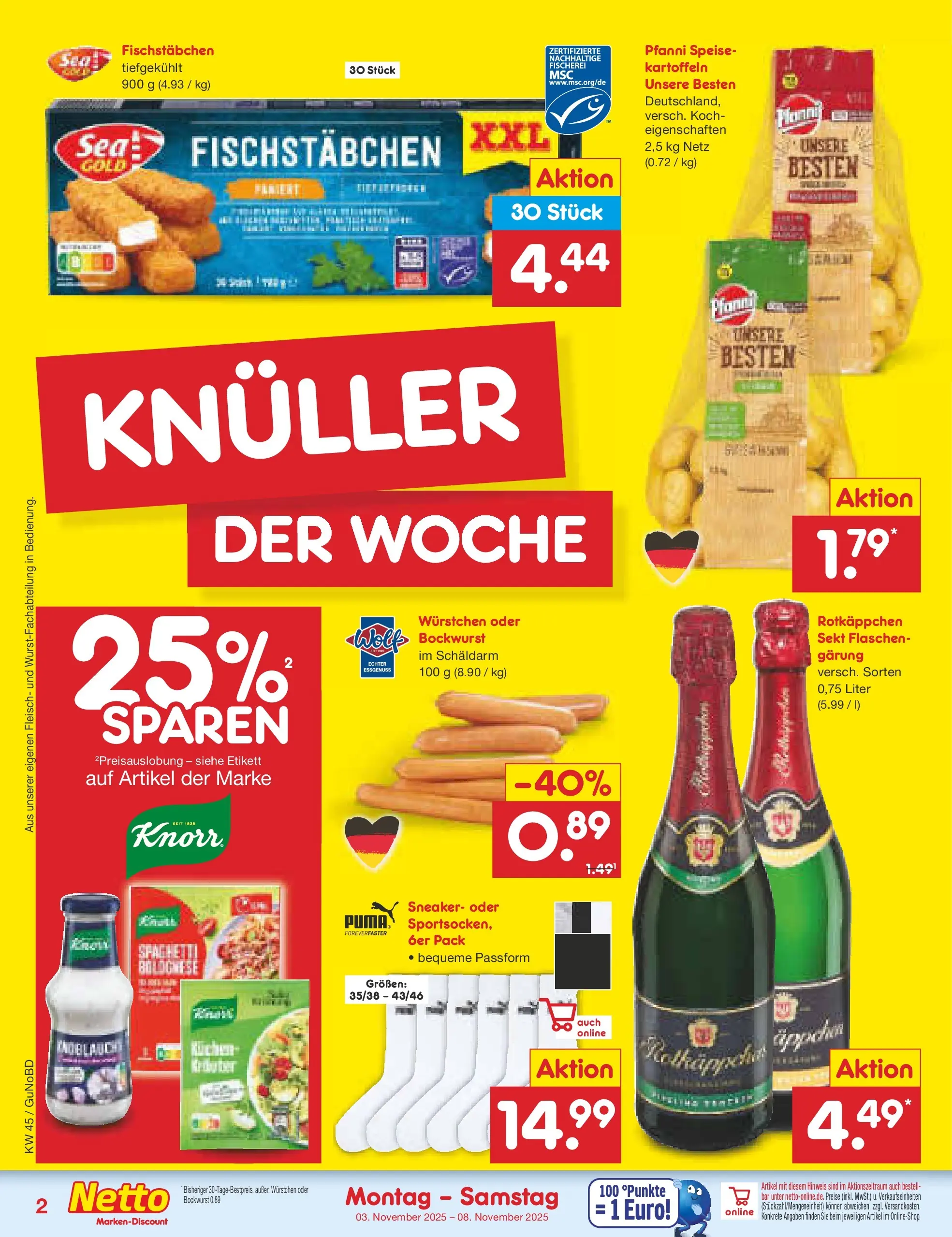 Netto Marken-Discount prospekt Augustusburg	 (ab 03.11.2025) » Angebote | Seite: 2 | Produkte: Sekt, Knorr, Fischstabchen, Fleisch