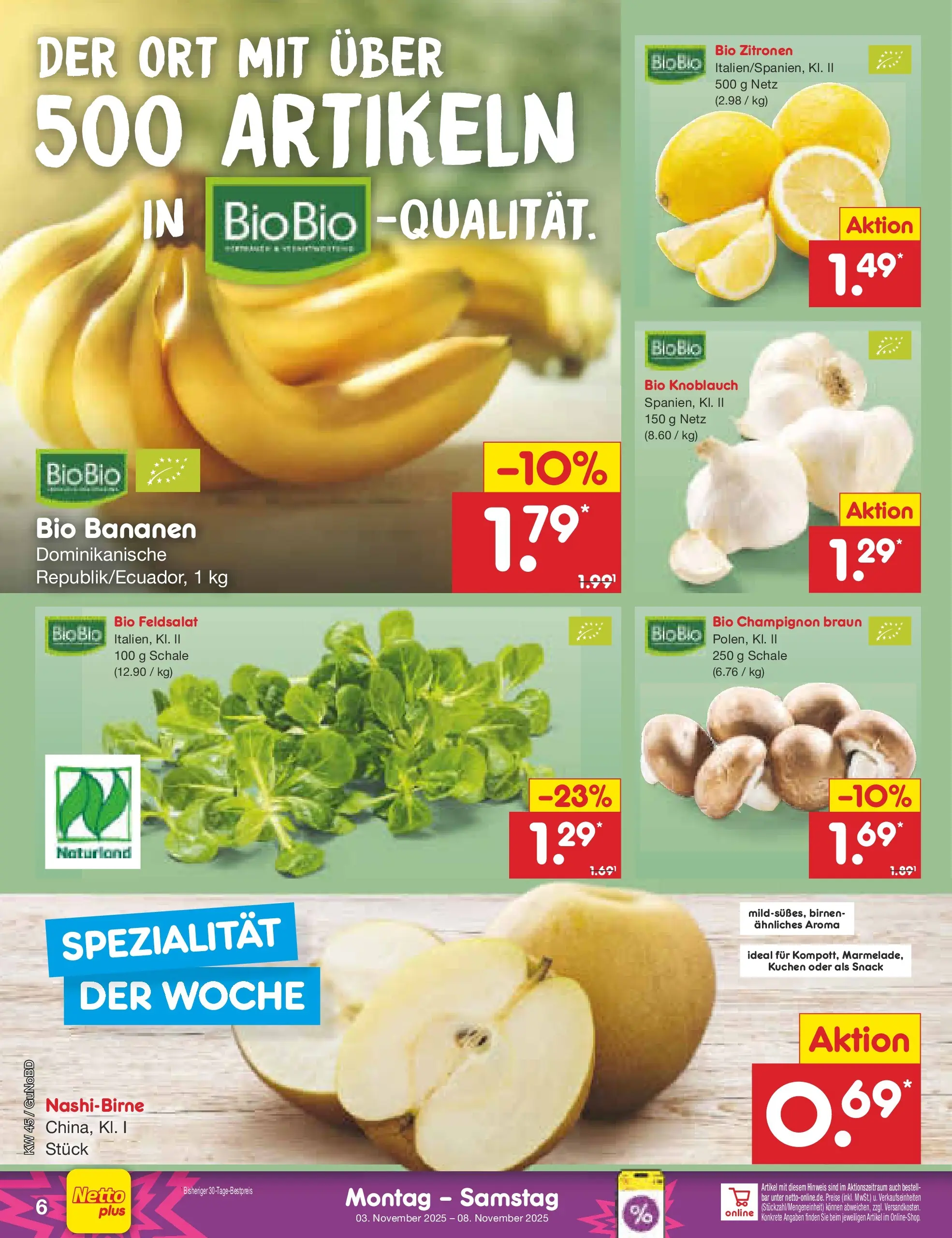 Netto Marken-Discount prospekt Augustusburg	 (ab 03.11.2025) » Angebote | Seite: 6 | Produkte: Bananen, Knoblauch, Kuchen, Zitronen