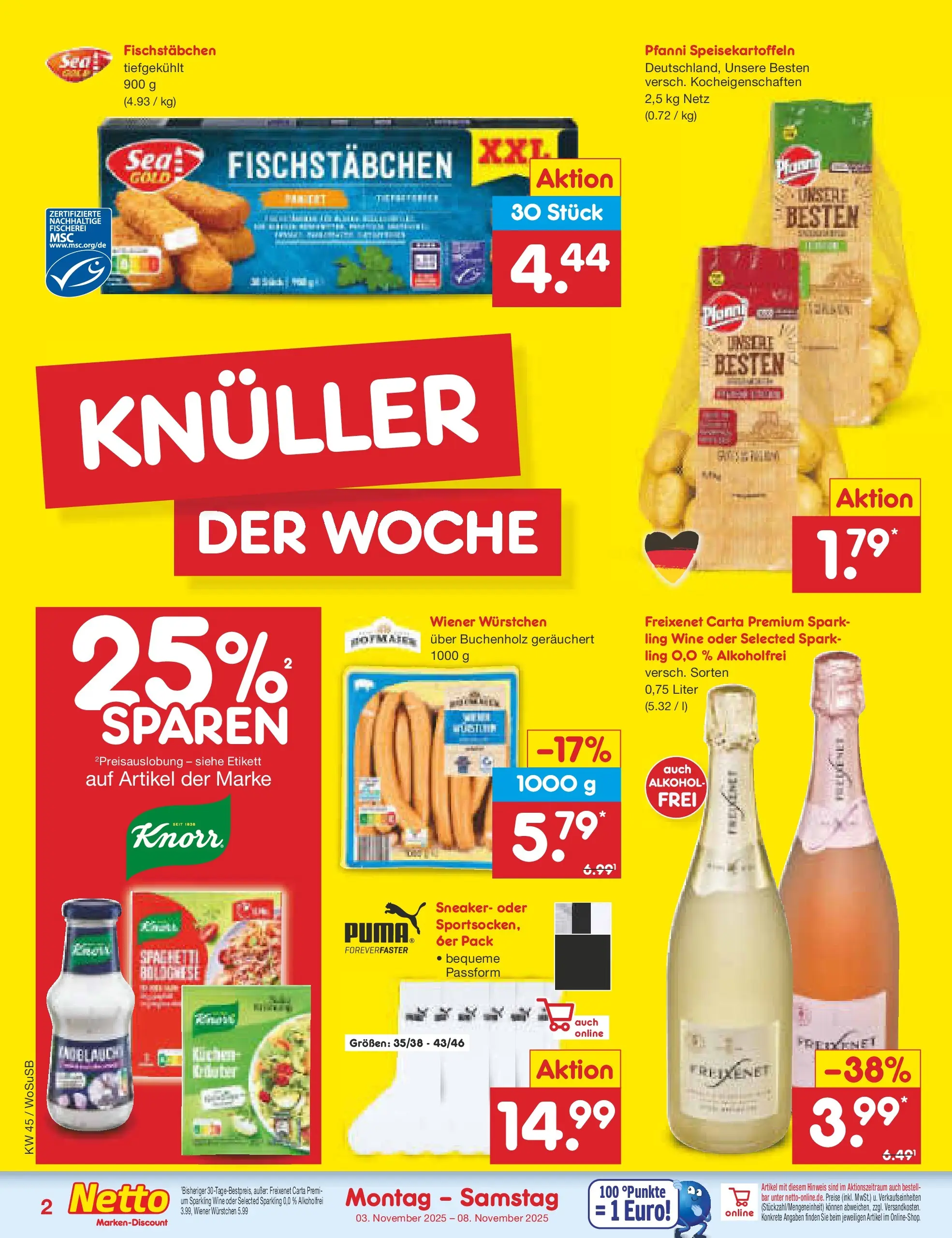 Netto Marken-Discount prospekt Mannheim	 (ab 03.11.2025) » Angebote | Seite: 2 | Produkte: Wiener wurstchen, Freixenet, Knorr, Fischstabchen Netto Marken-Discount prospekt Mannheim	 (ab 03.11.2025) » Angebote | Seite: 2 | Produkte: Wiener wurstchen, Freixenet, Knorr, Fischstabchen