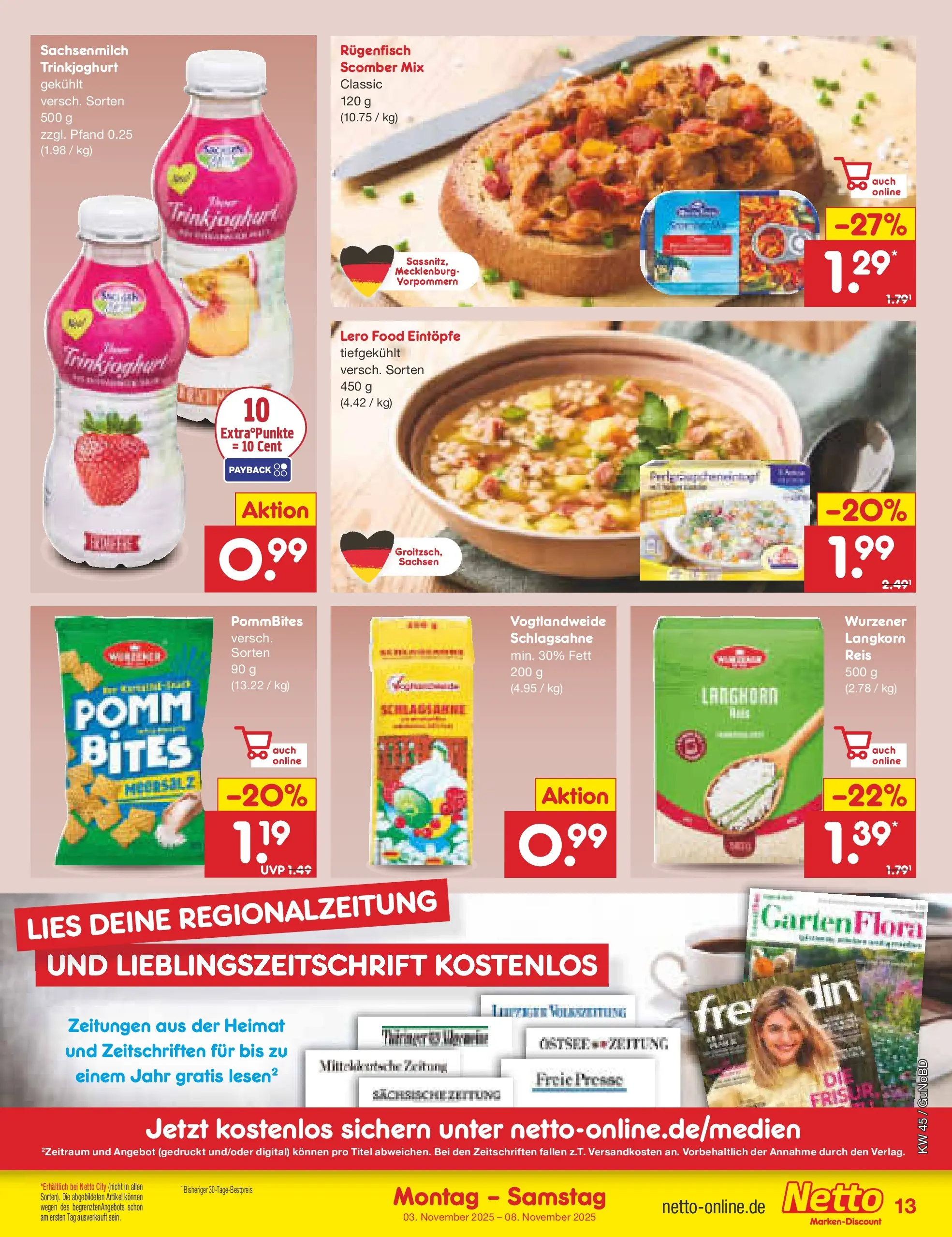 Netto Marken-Discount prospekt Augustusburg	 (ab 03.11.2025) » Angebote | Seite: 13 | Produkte: Presse, Schlagsahne, Trinkjoghurt, Reis