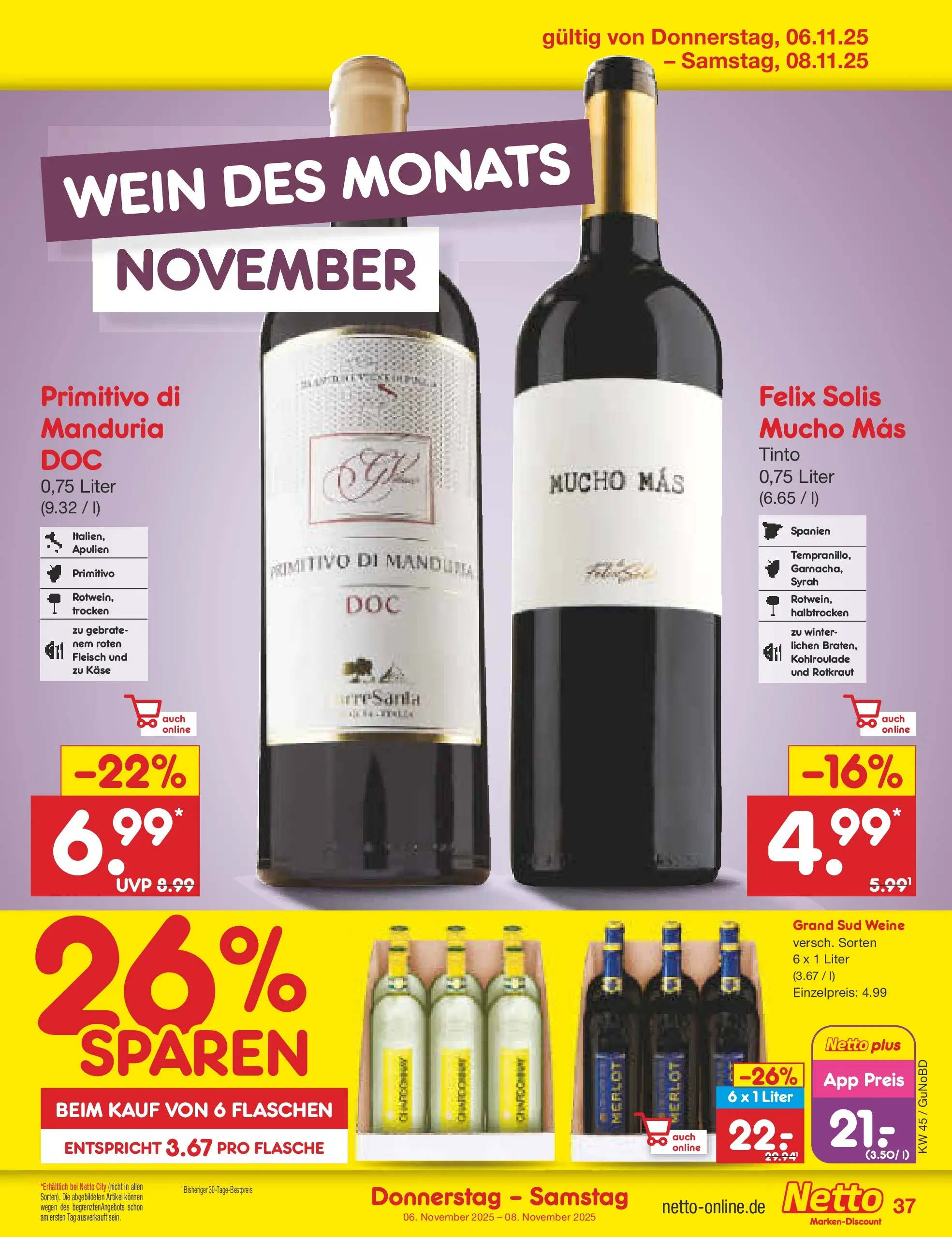 Netto Marken-Discount prospekt Augustusburg	 (ab 03.11.2025) » Angebote | Seite: 41 | Produkte: Merlot, Grand sud, Wein, Fleisch