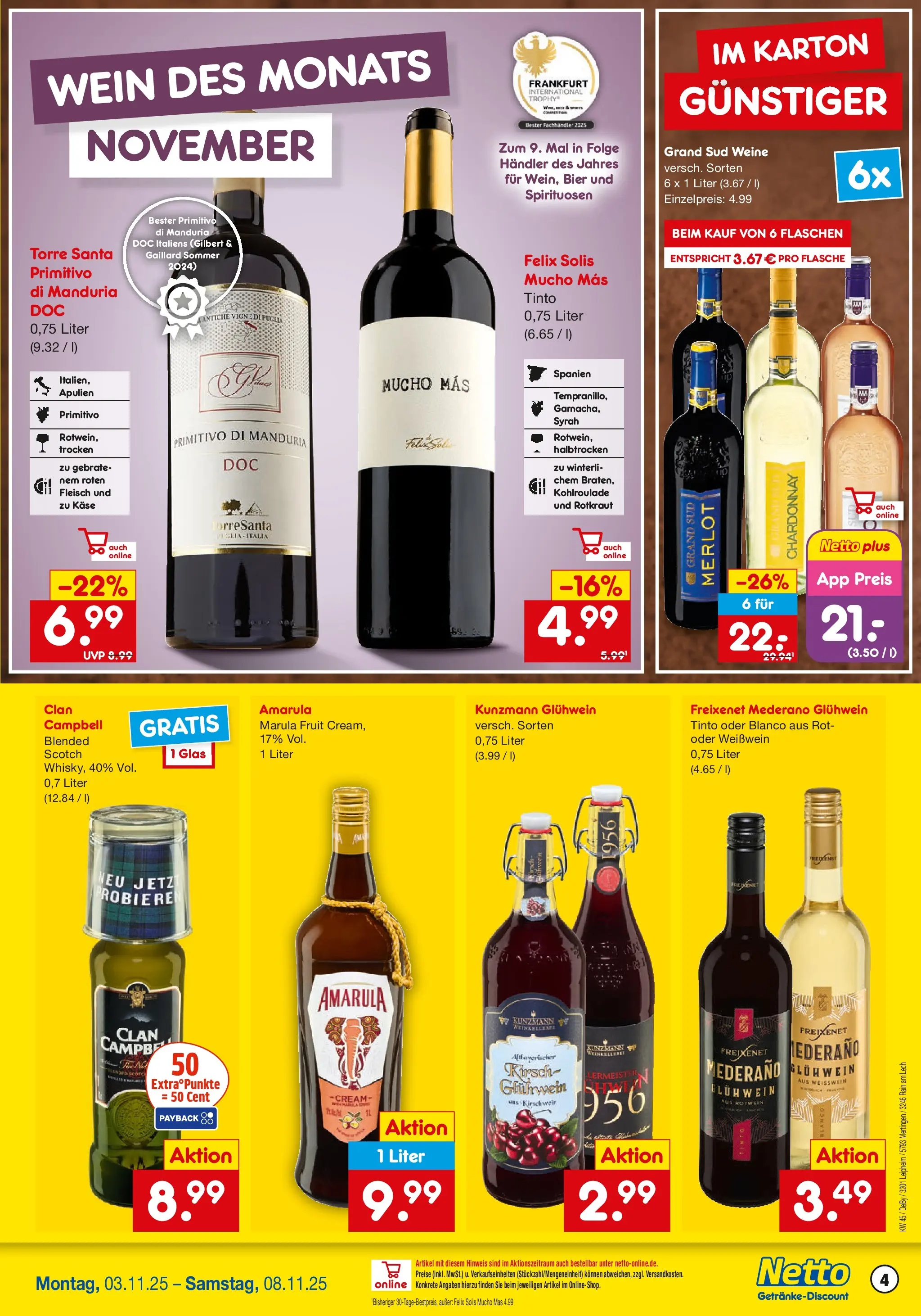 Netto Marken-Discount prospekt Mertingen	 (ab 03.11.2025) » Angebote | Seite: 4 | Produkte: Bier, Rotwein, Freixenet mederano, Fleisch