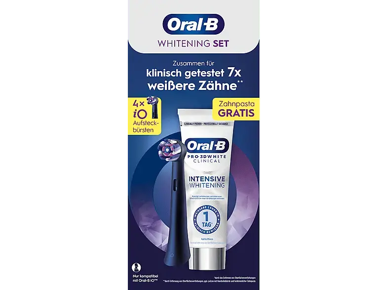 Oral-B iO Radiant White Schwarz 4er Aufsteckbürste ink. Zahnpasta 3D Clinical Kühle Minze; Aufsteckbürste ink. Zahnpasta 3D White Clinical Kühle Minze