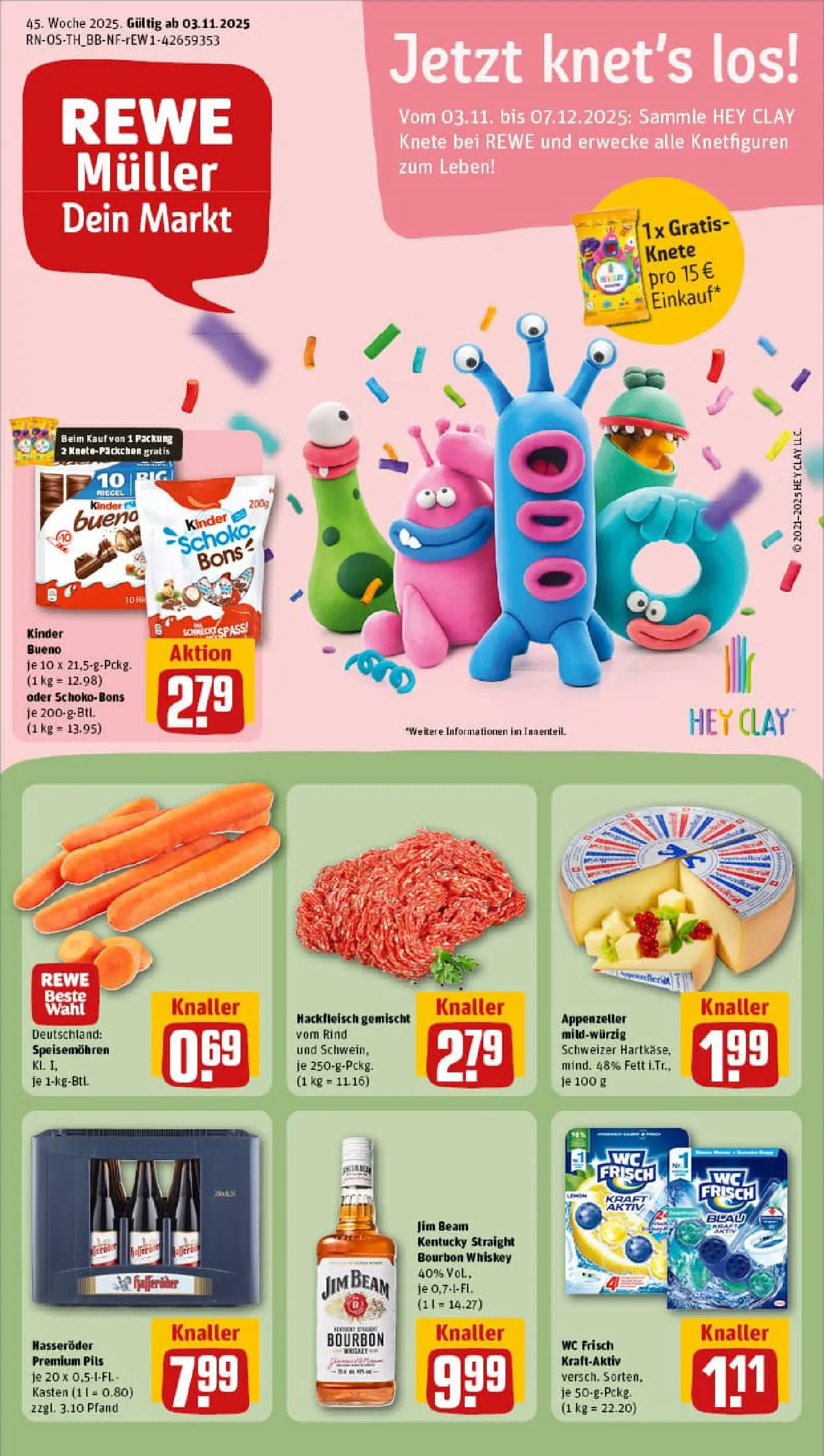 REWE Prospekt ab 02.11.2025 zum Blättern » Angebote | Seite: 1 | Produkte: Kinder bueno, Wc frisch, Hasseröder, Hackfleisch