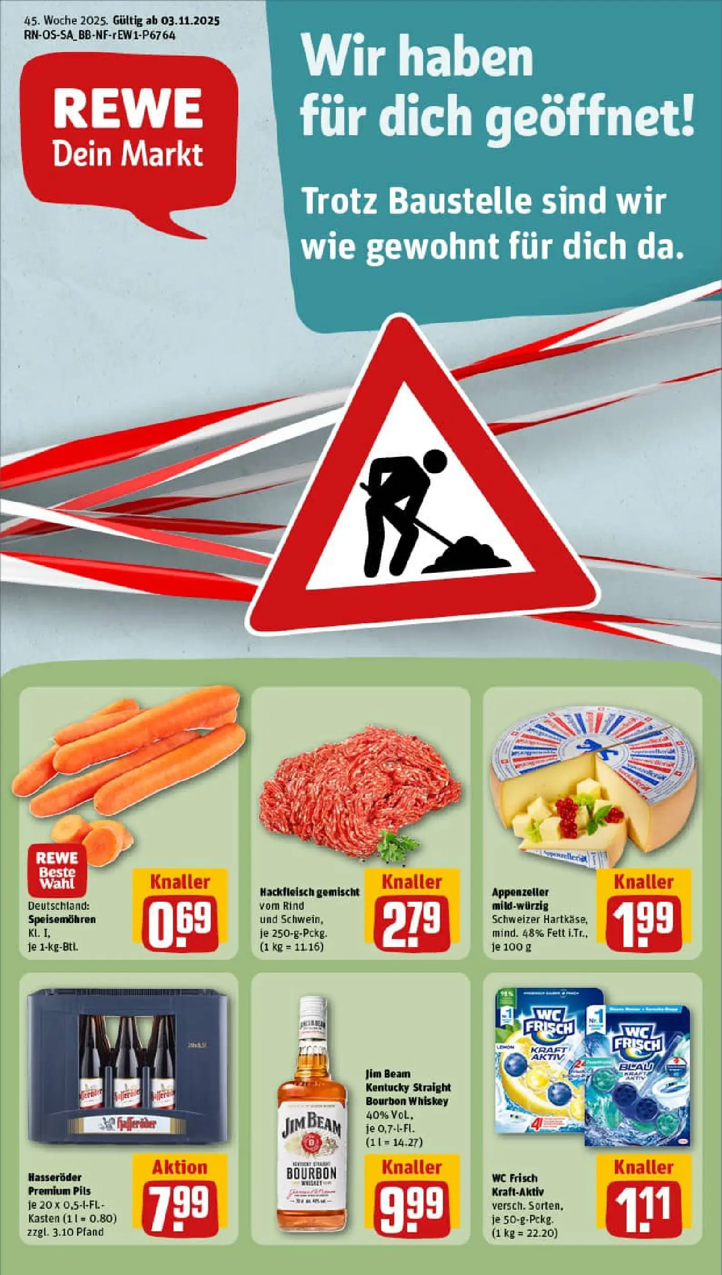 REWE Prospekt ab 02.11.2025 zum Blättern » Angebote | Seite: 1 | Produkte: Jim beam, Pils, Hasseröder, Hackfleisch