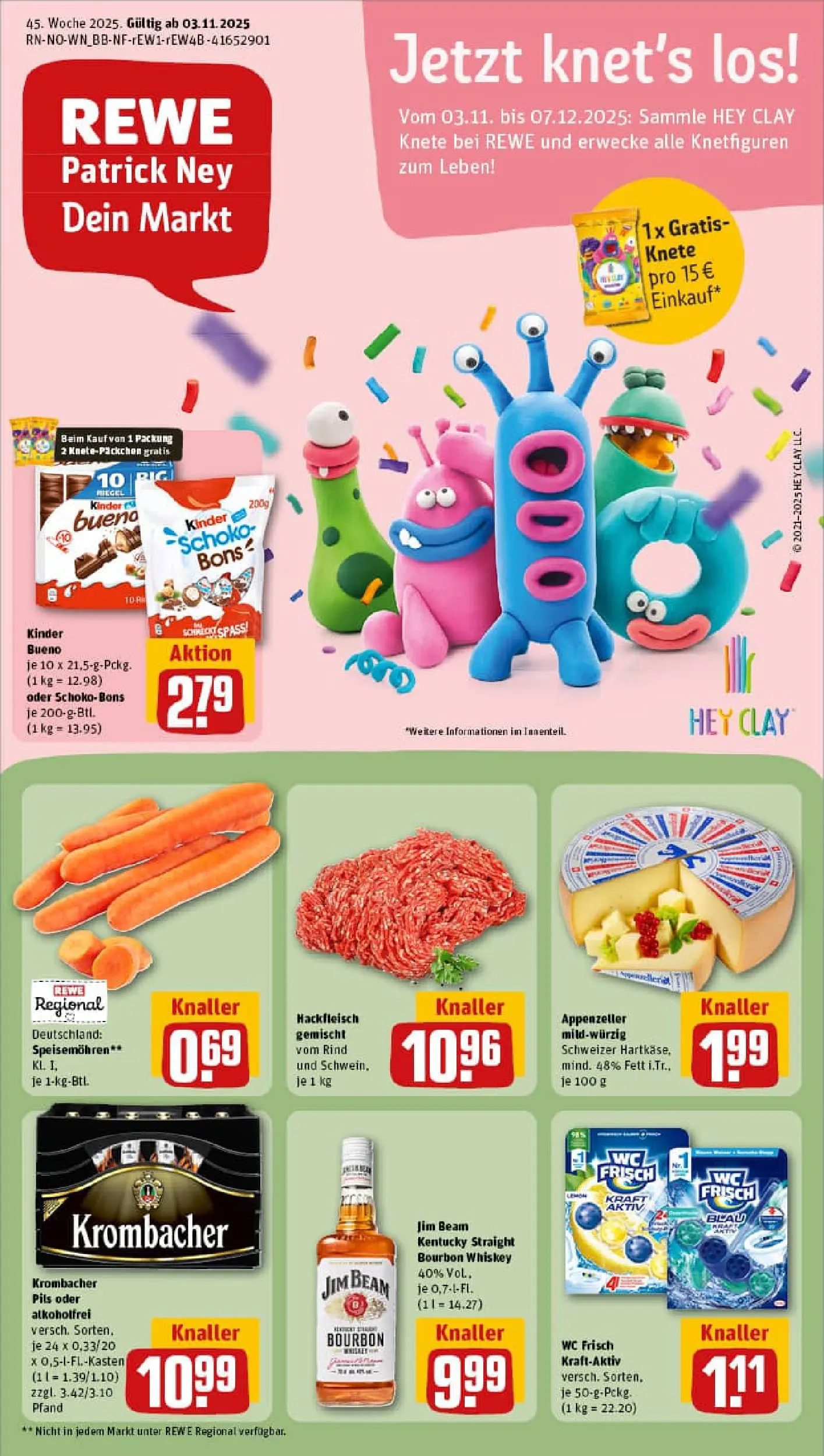 REWE Prospekt ab 02.11.2025 zum Blättern » Angebote | Seite: 1 | Produkte: Pils, Kinder bueno, Bourbon, Hackfleisch