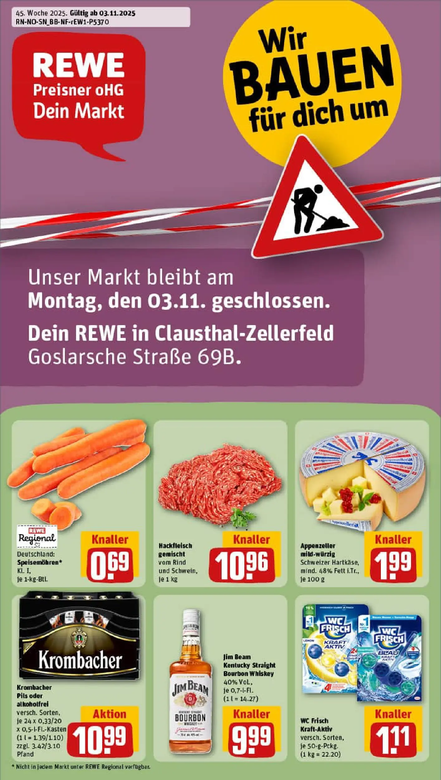 REWE Prospekt ab 02.11.2025 zum Blättern » Angebote | Seite: 1 | Produkte: Pils, Krombacher, Whiskey, Hackfleisch