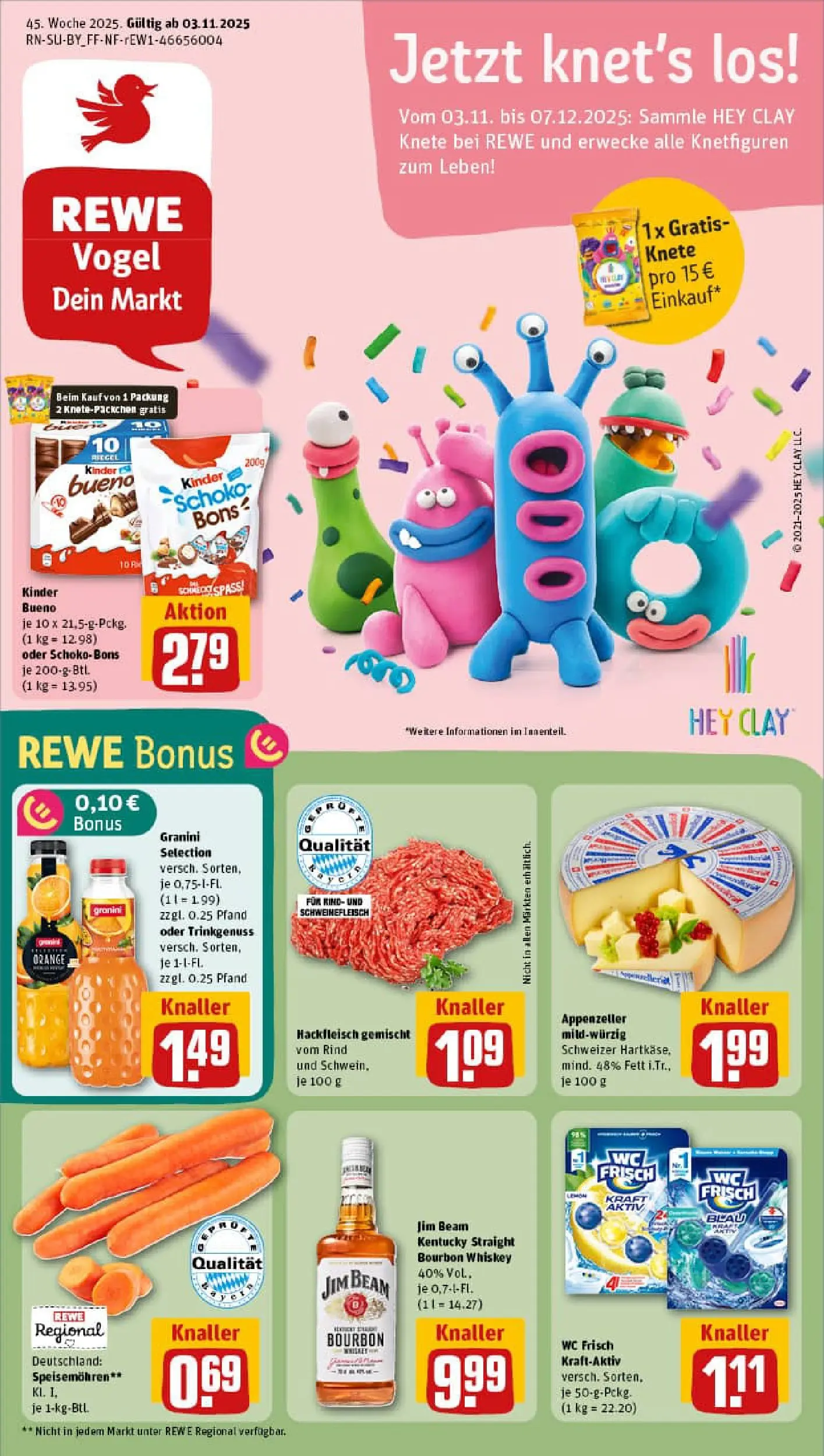 REWE Prospekt ab 02.11.2025 zum Blättern » Angebote | Seite: 1 | Produkte: Kinder bueno, Wc frisch, Granini, Hackfleisch