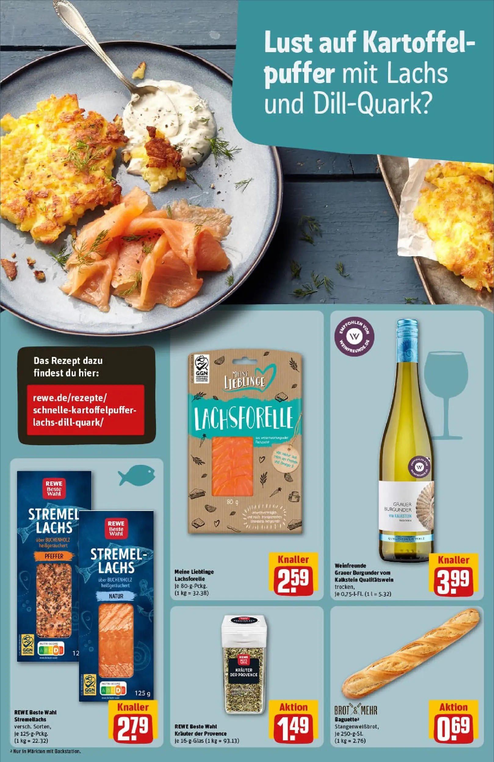 REWE Prospekt ab 02.11.2025 zum Blättern » Angebote | Seite: 19 | Produkte: Baguette, Lachs, Brot, Wein