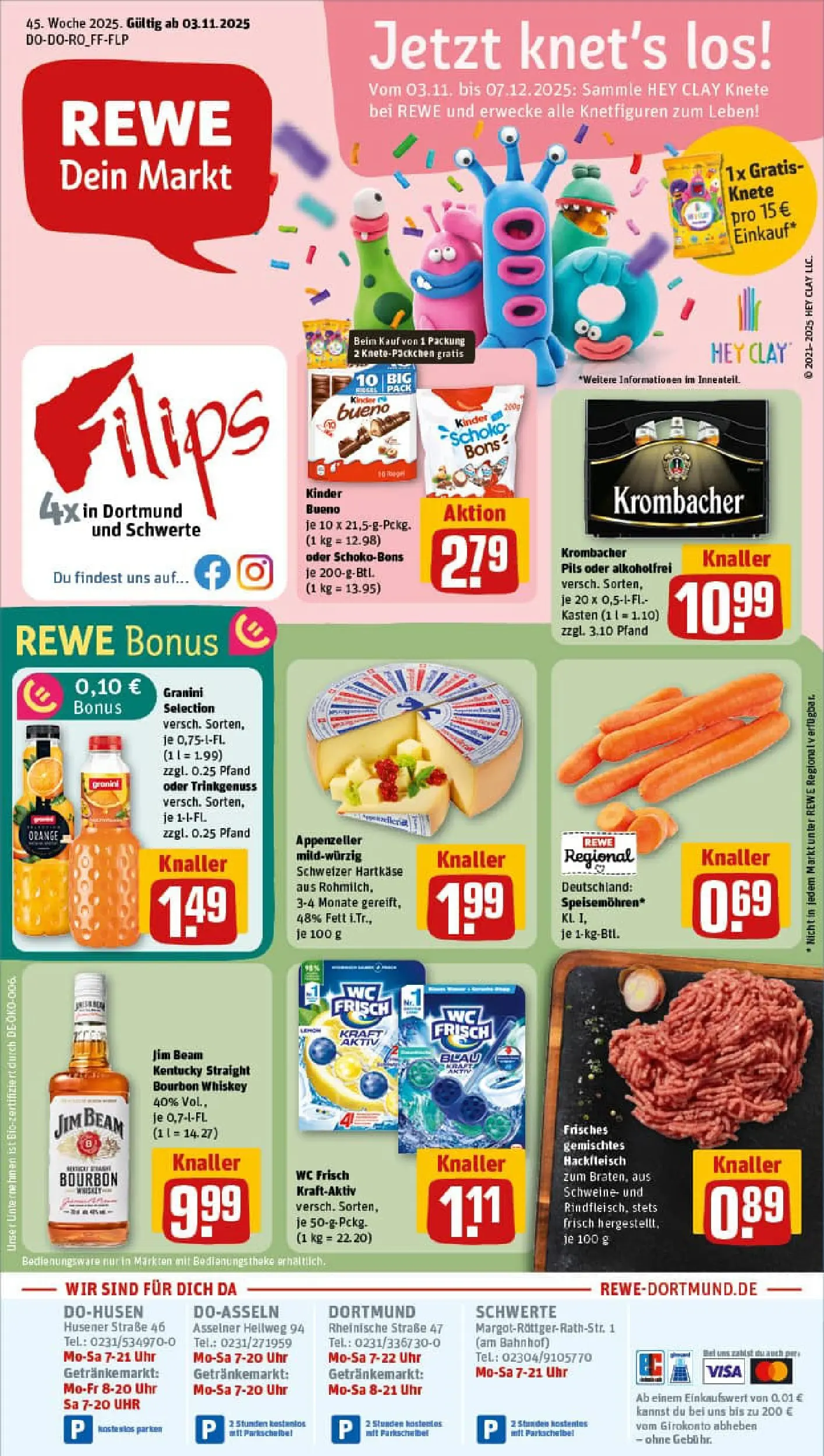 REWE Prospekt ab 02.11.2025 zum Blättern » Angebote | Seite: 1 | Produkte: Kinder bueno, Wc frisch, Krombacher, Hackfleisch