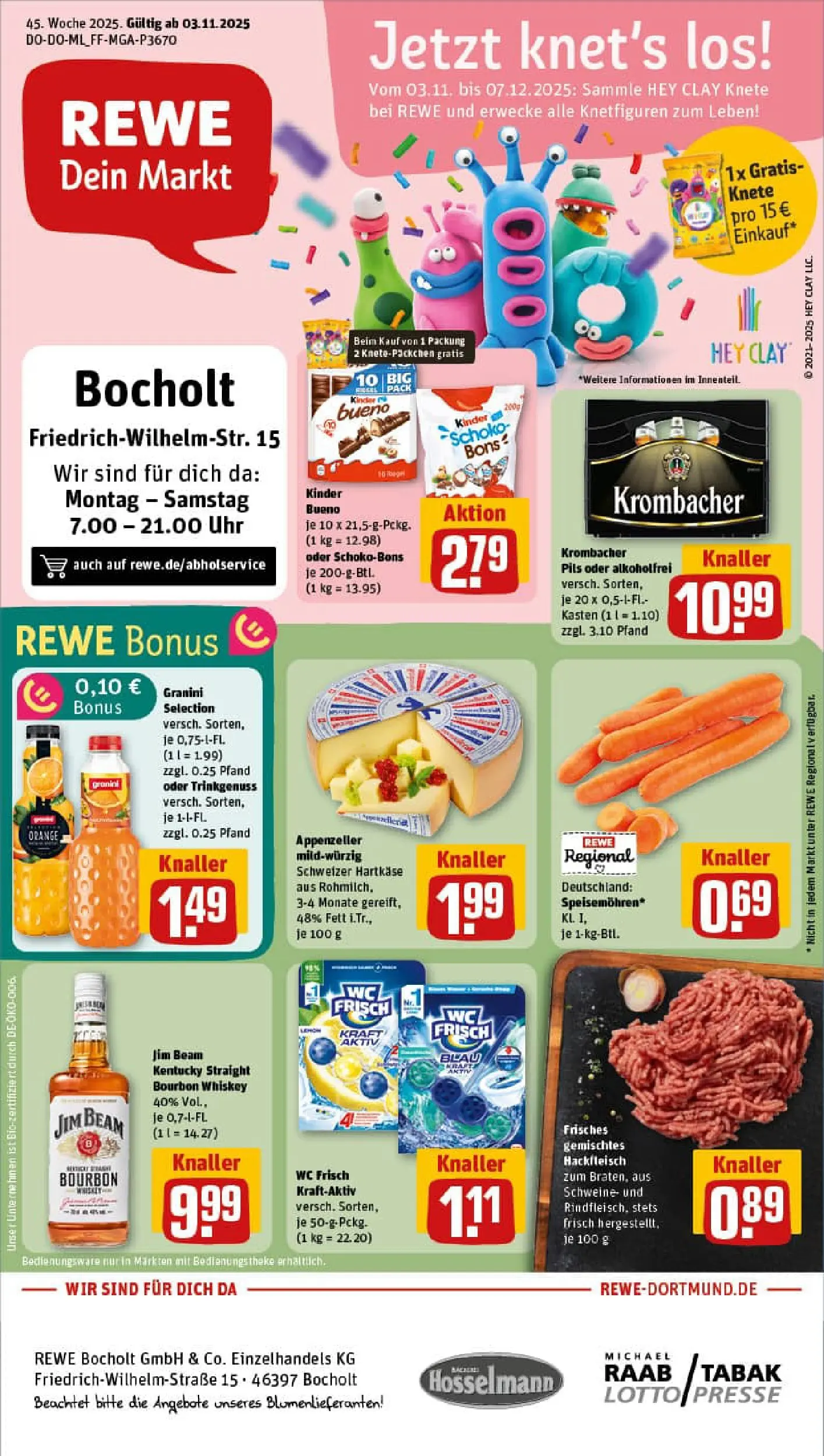 REWE Prospekt ab 02.11.2025 zum Blättern » Angebote | Seite: 1 | Produkte: Jim beam, Krombacher, Bourbon, Hackfleisch
