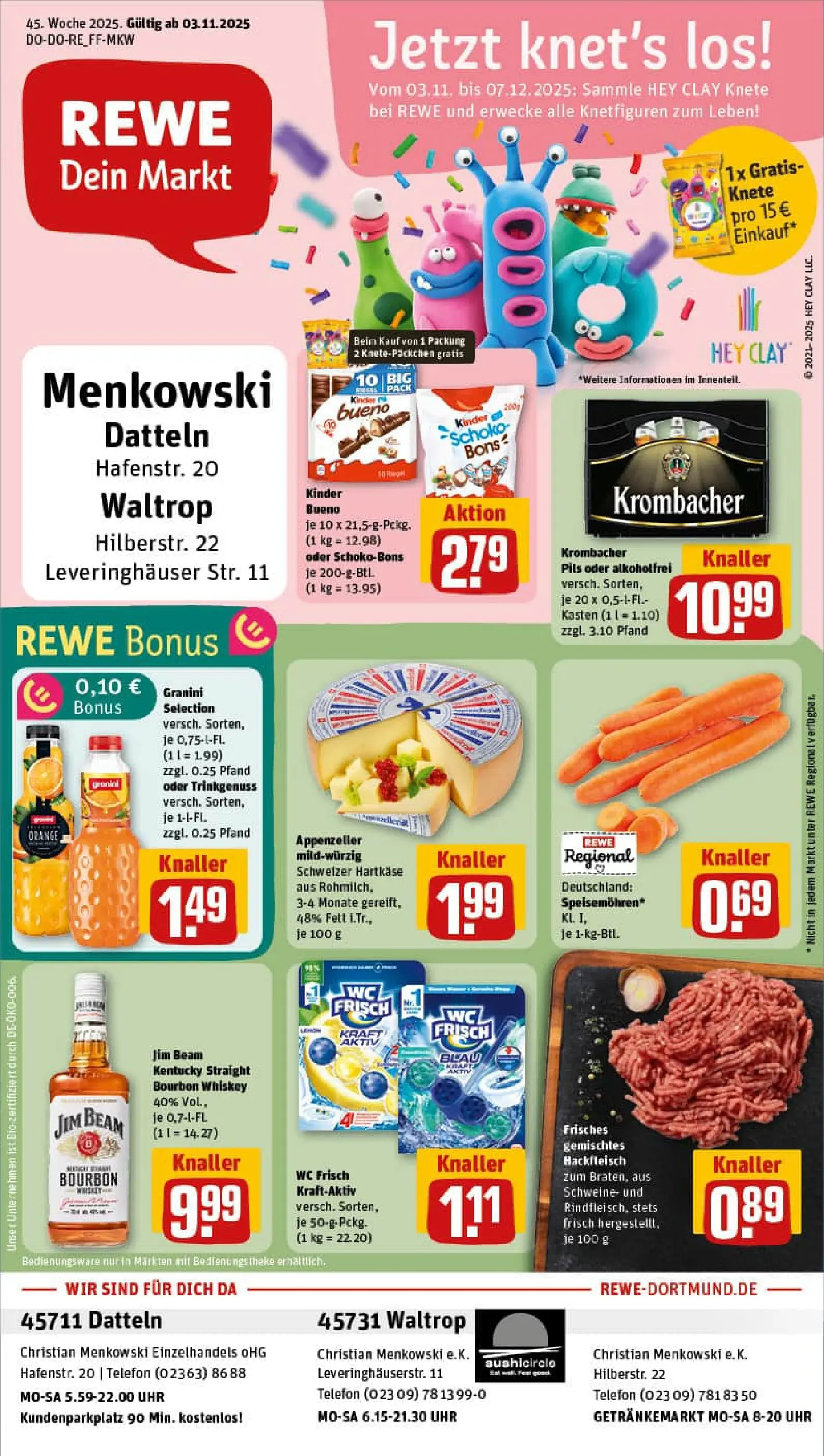 REWE Prospekt ab 02.11.2025 zum Blättern » Angebote | Seite: 1 | Produkte: Jim beam, Kinder bueno, Krombacher, Telefon