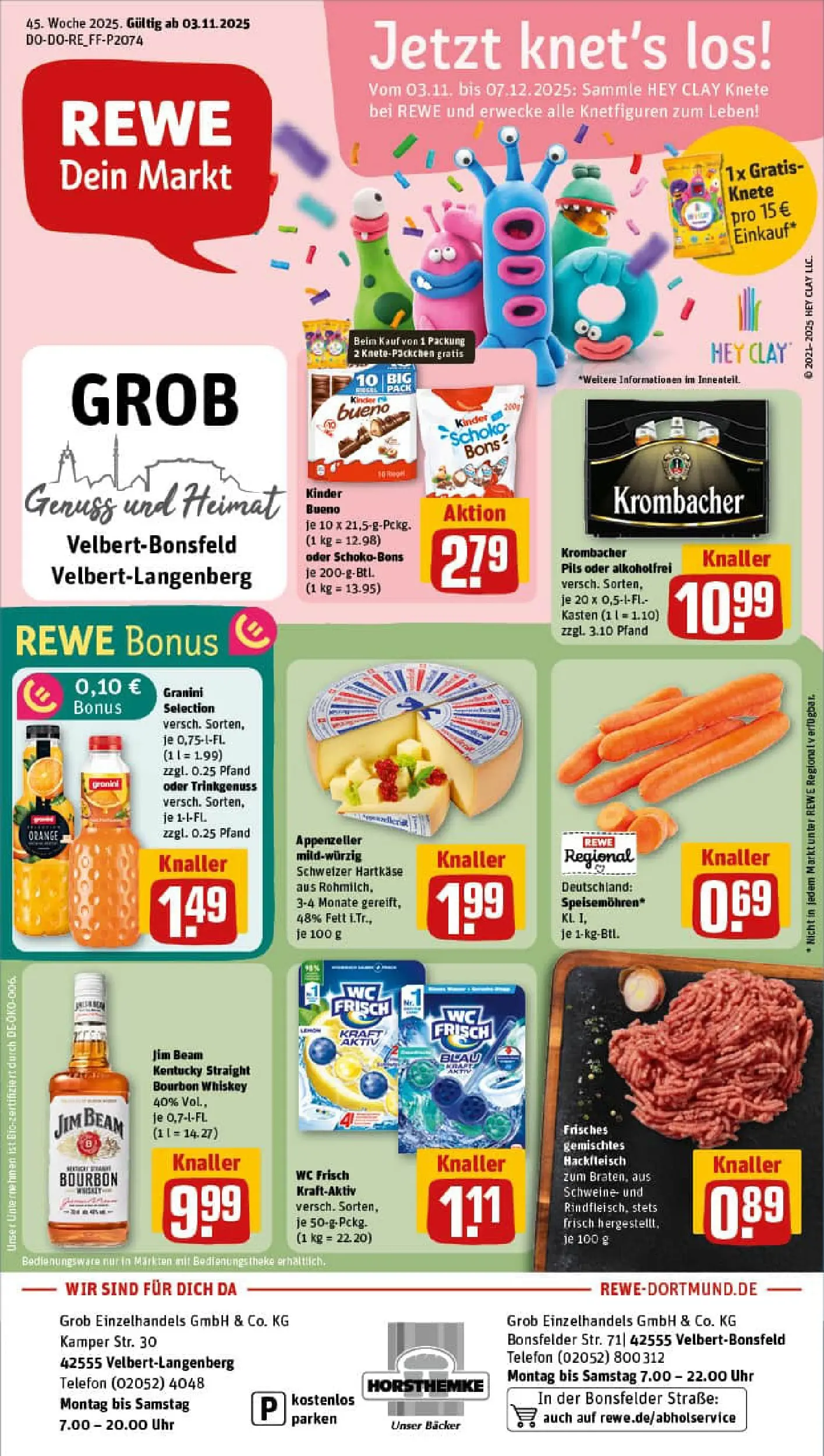 REWE Prospekt ab 02.11.2025 zum Blättern » Angebote | Seite: 1 | Produkte: Jim beam, Krombacher, Bourbon, Hackfleisch