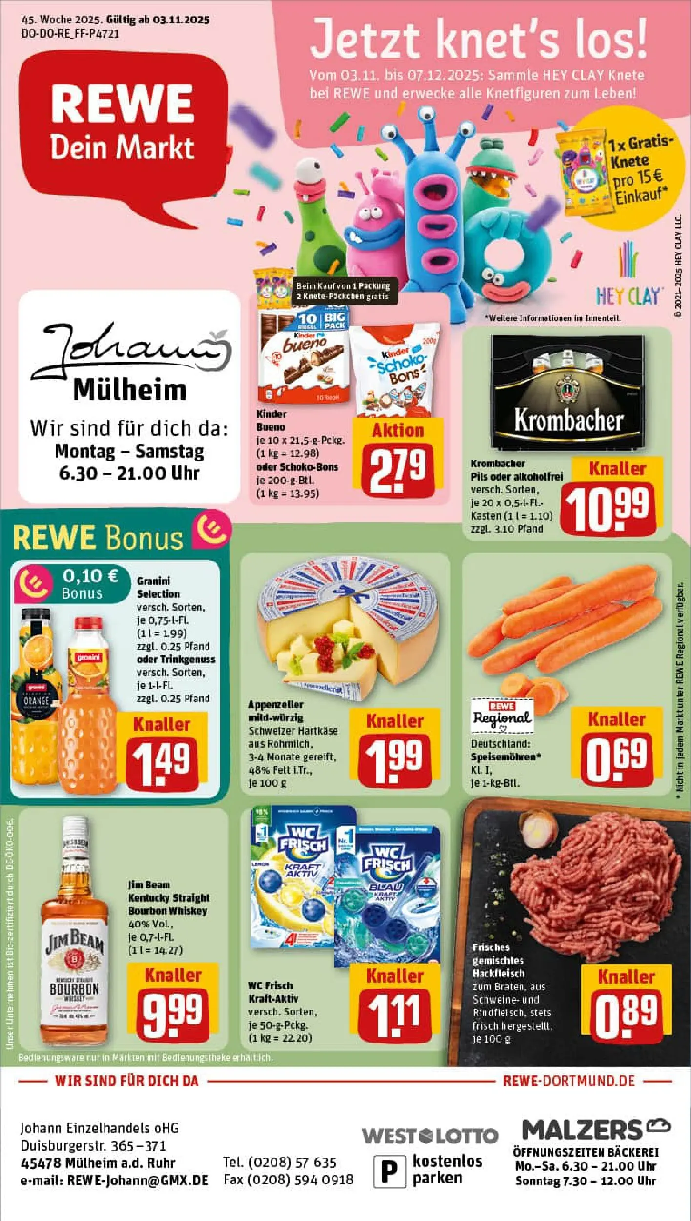 REWE Prospekt ab 02.11.2025 zum Blättern » Angebote | Seite: 1 | Produkte: Bäckerei, Wc frisch, Krombacher, Hackfleisch