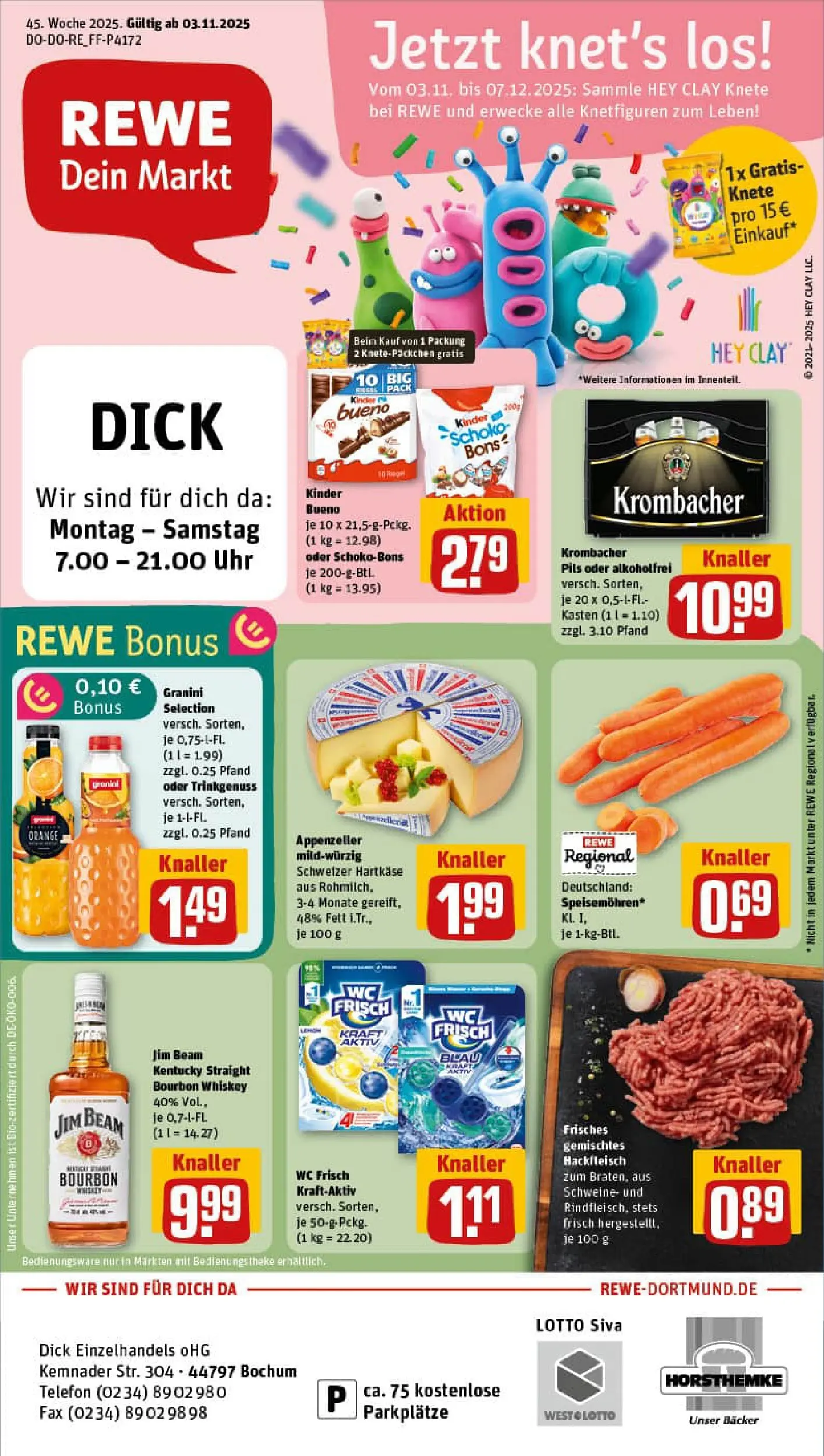 REWE Prospekt ab 02.11.2025 zum Blättern » Angebote | Seite: 1 | Produkte: Wc frisch, Krombacher, Uhr, Hackfleisch
