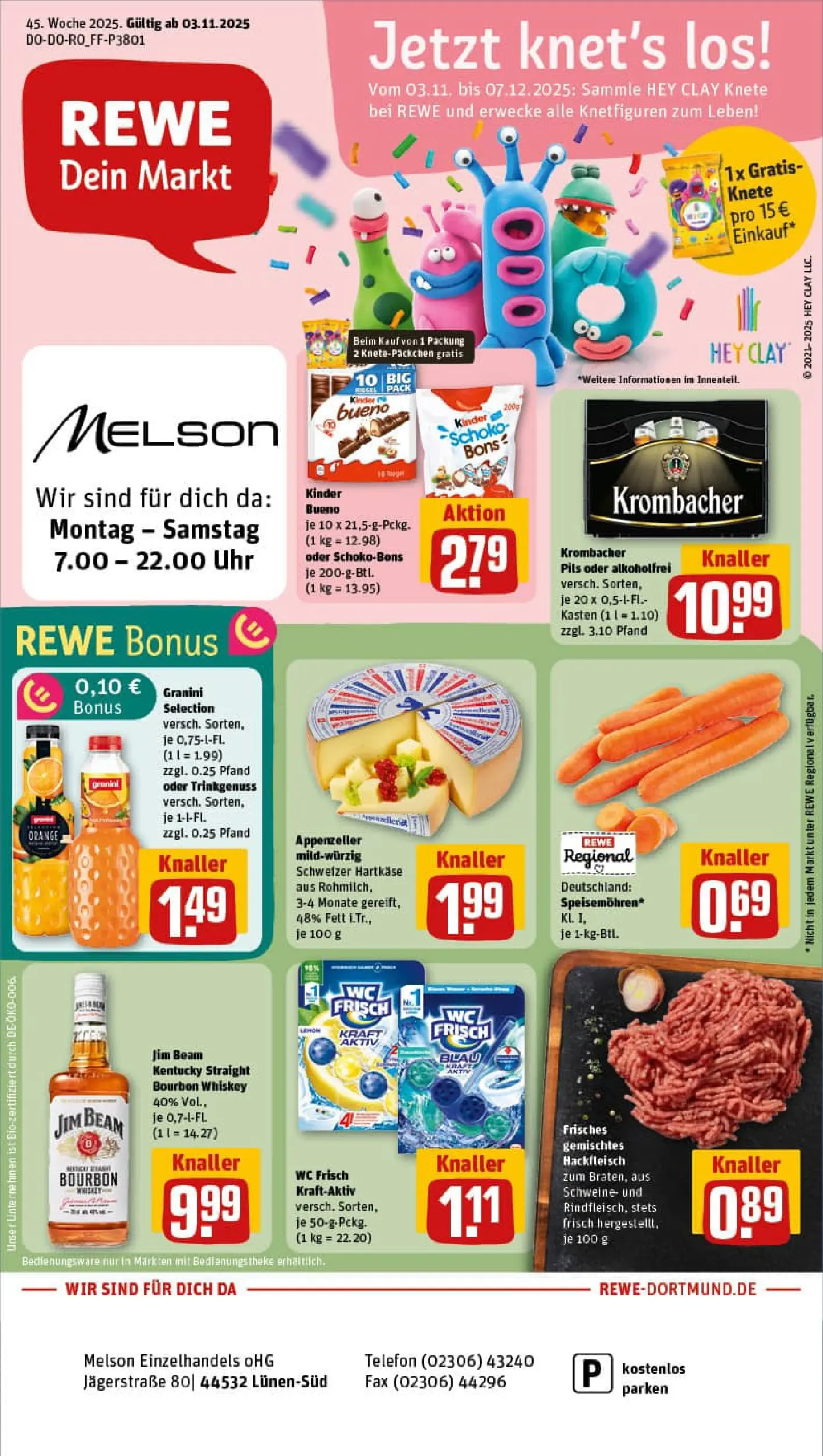 REWE Prospekt ab 02.11.2025 zum Blättern » Angebote | Seite: 1 | Produkte: Kinder bueno, Granini, Whiskey, Hackfleisch