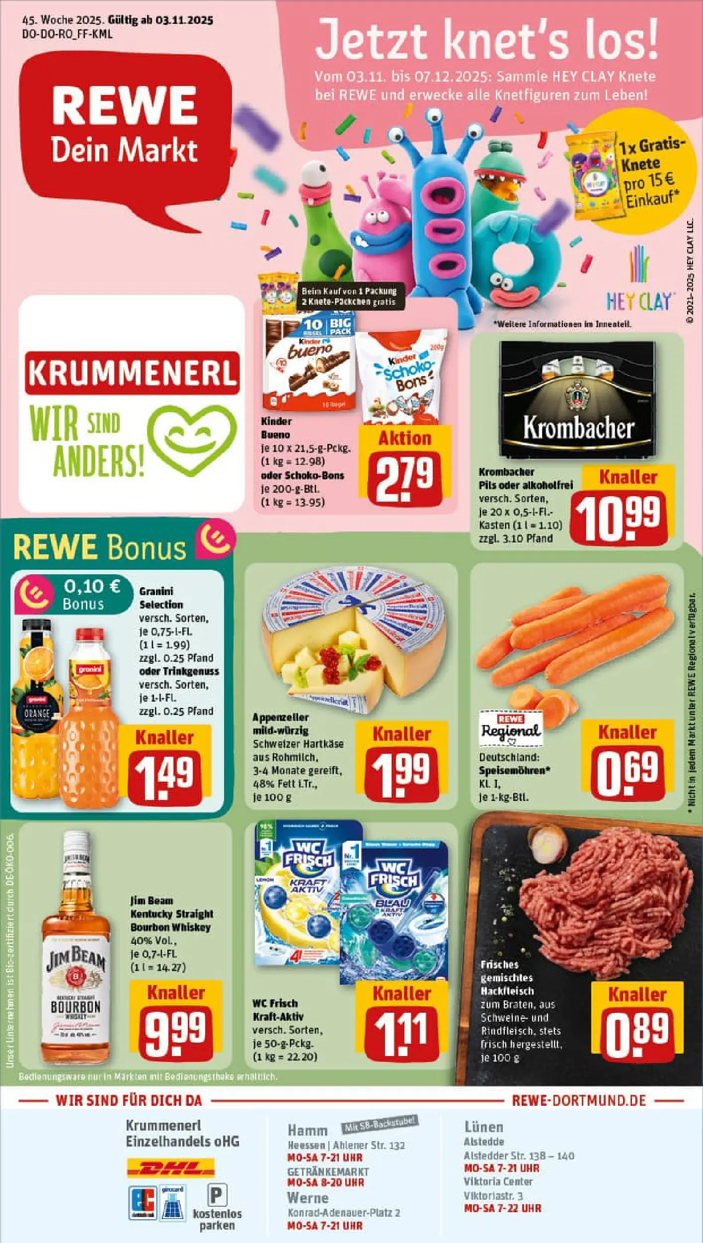 REWE Prospekt ab 02.11.2025 zum Blättern » Angebote | Seite: 1 | Produkte: Pils, Krombacher, Uhr, Hackfleisch