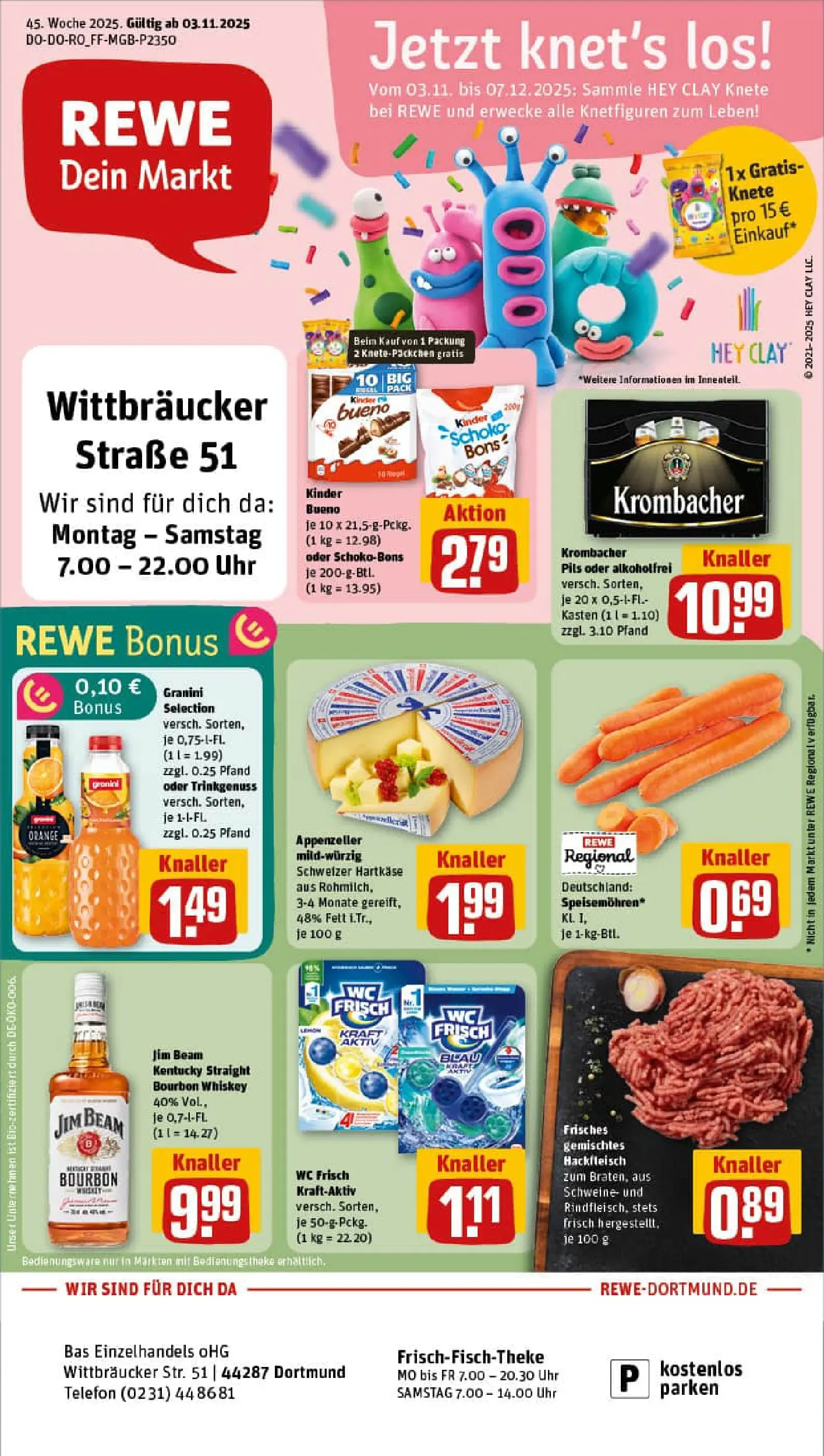 REWE Prospekt ab 02.11.2025 zum Blättern » Angebote | Seite: 1 | Produkte: Jim beam, Kinder bueno, Wc frisch, Uhr
