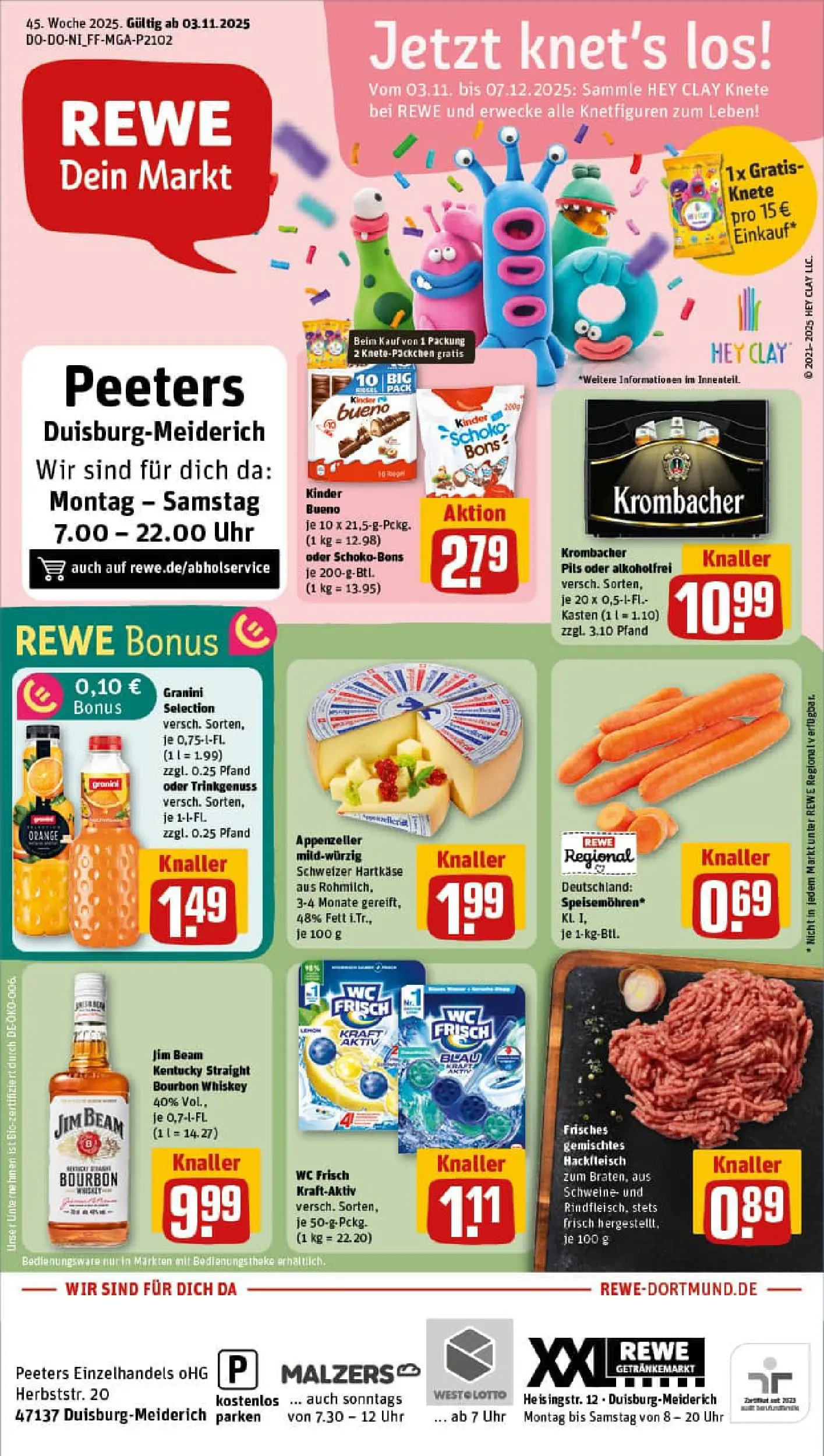REWE Prospekt ab 02.11.2025 zum Blättern » Angebote | Seite: 1 | Produkte: Jim beam, Granini, Uhr, Hackfleisch