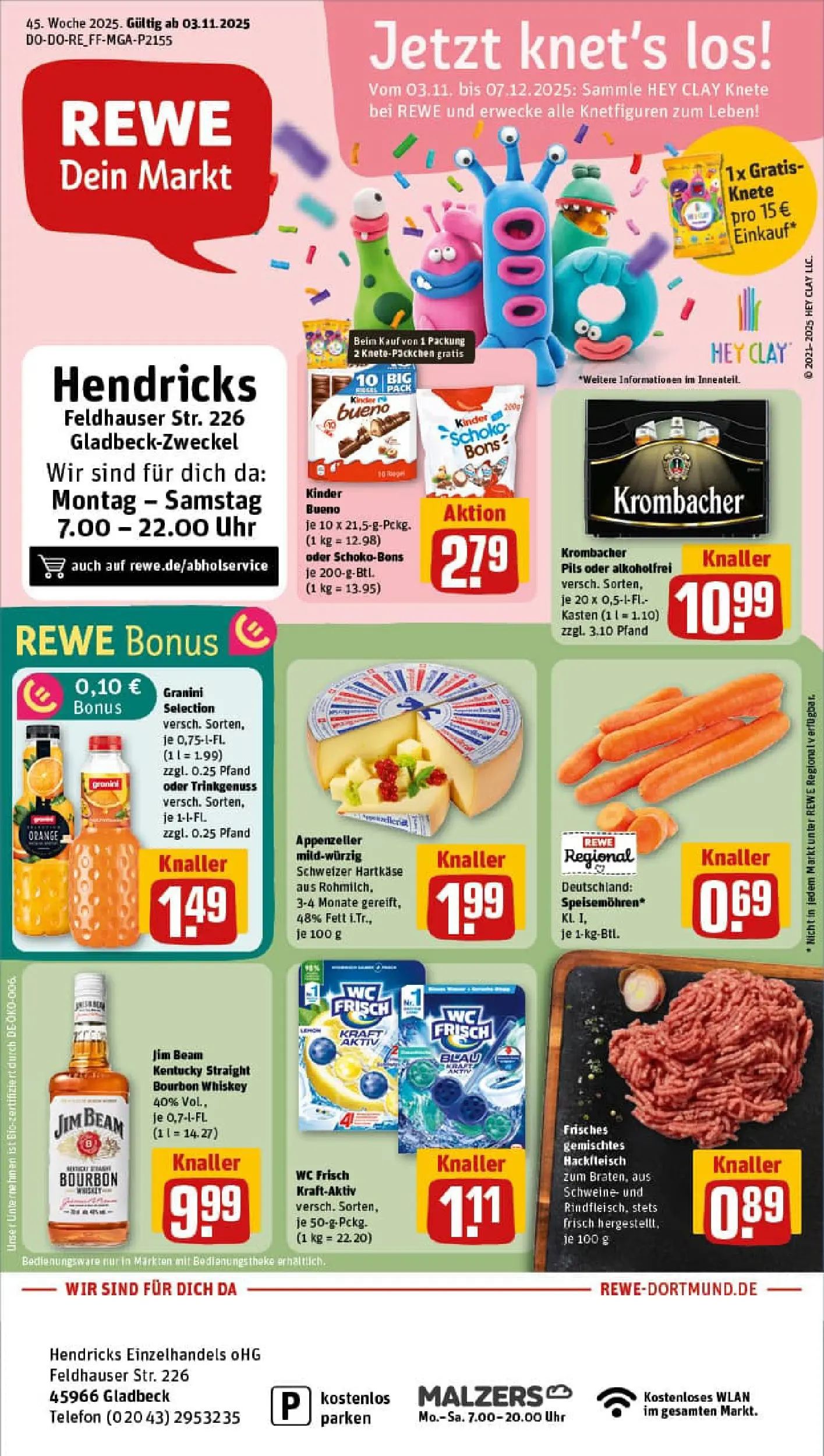REWE Prospekt ab 02.11.2025 zum Blättern » Angebote | Seite: 1 | Produkte: Jim beam, Krombacher, Bourbon, Hackfleisch