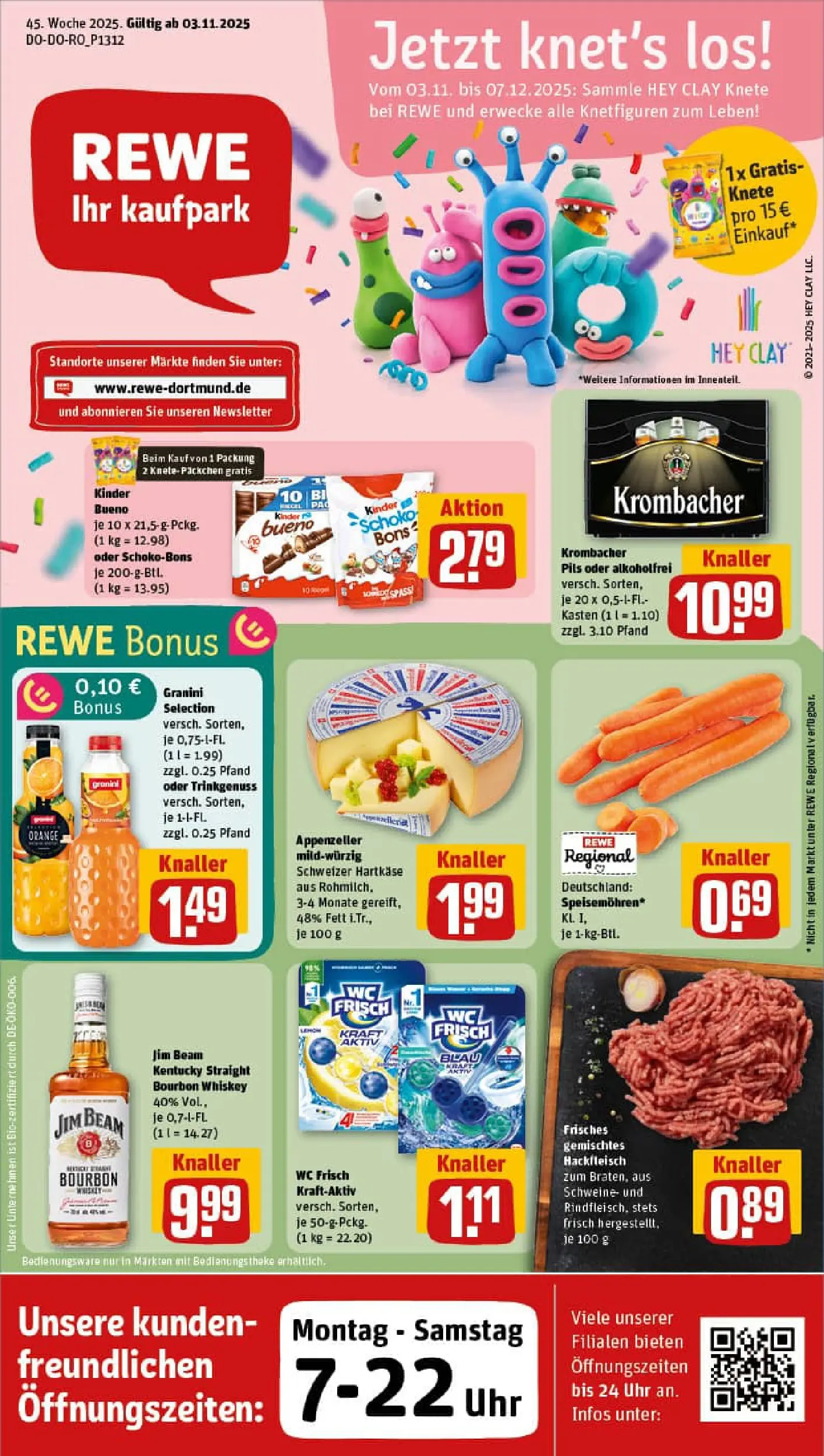 REWE Prospekt ab 02.11.2025 zum Blättern » Angebote | Seite: 1 | Produkte: Kinder bueno, Krombacher, Whiskey, Hackfleisch
