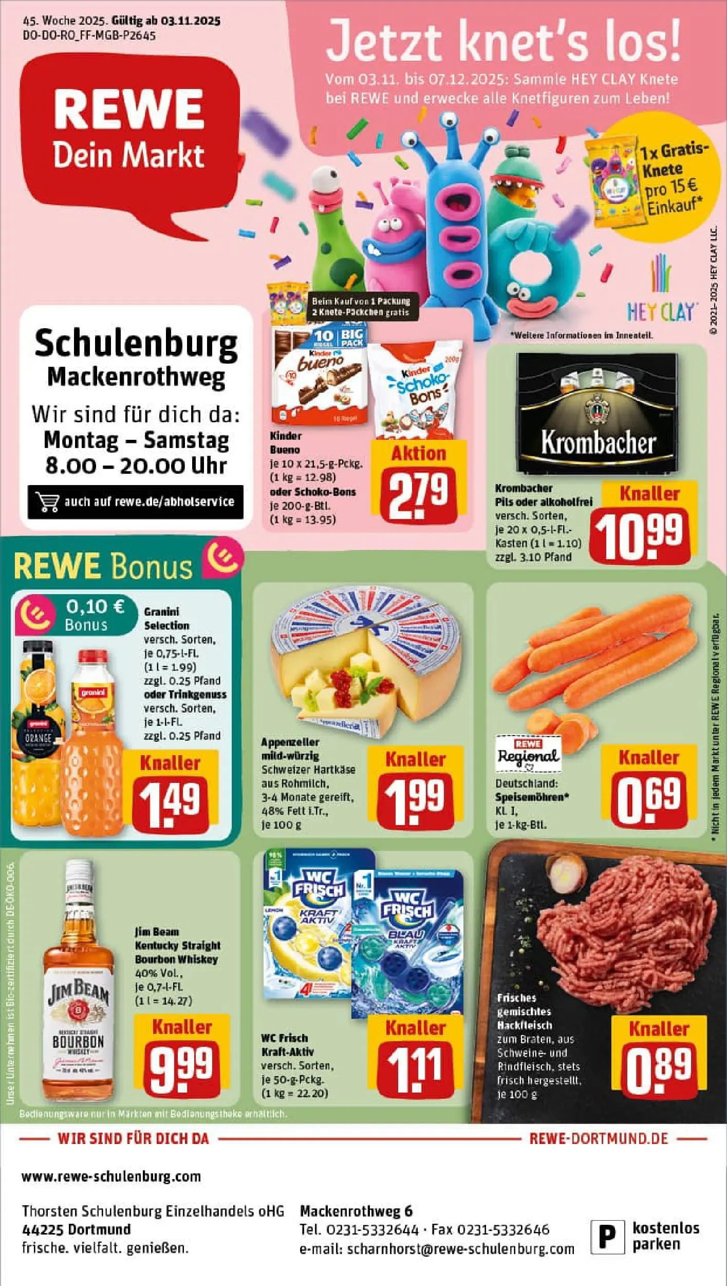 REWE Prospekt ab 03.11.2025 zum Blättern » Angebote | Seite: 1 | Produkte: Wc frisch, Krombacher, Whiskey, Uhr