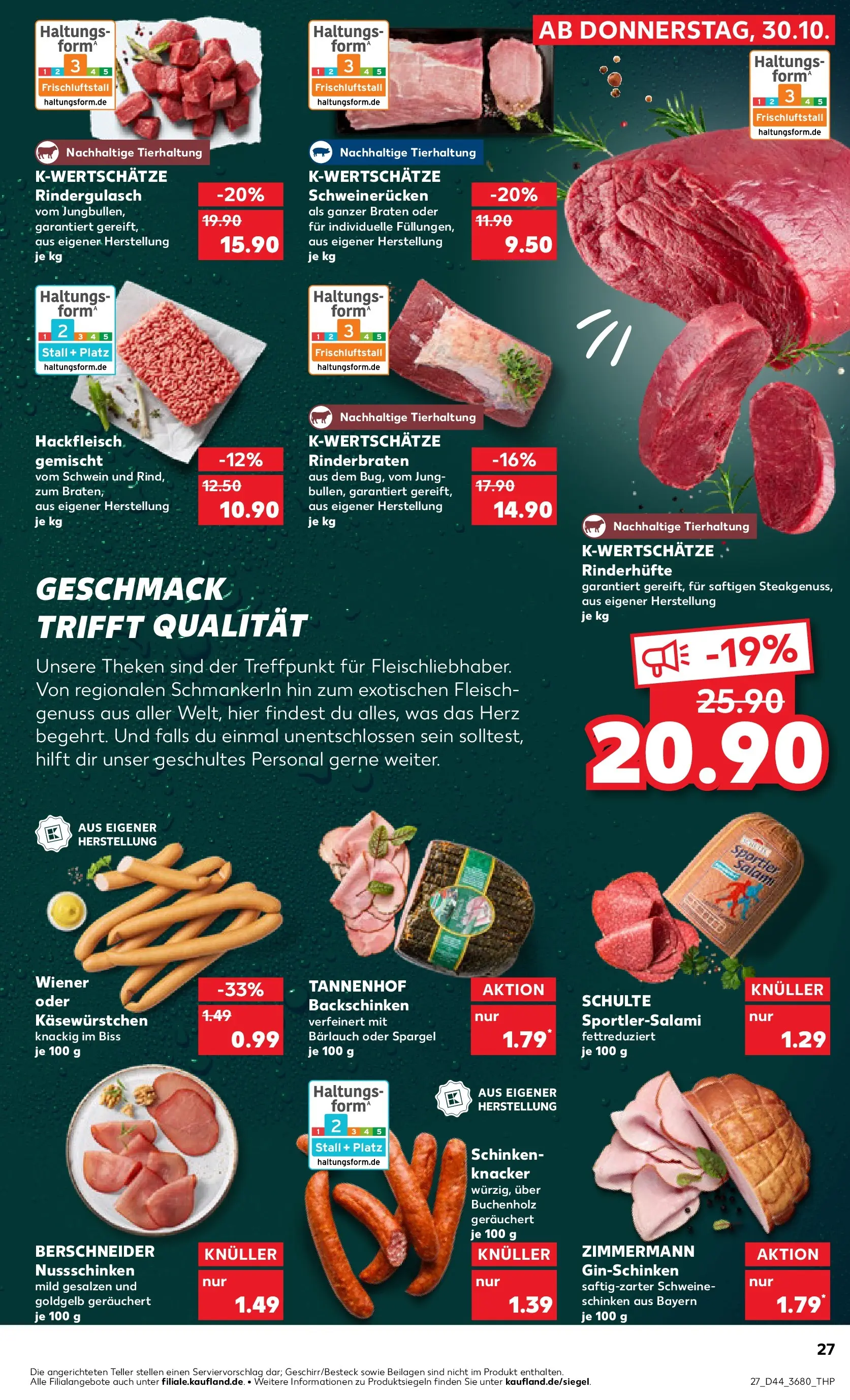 Prospekt Kaufland ab 30.10.2025 » Angebote Online zum Blättern | Seite: 27 | Produkte: Rinderbraten, Schweinerucken, Salami, Schinken