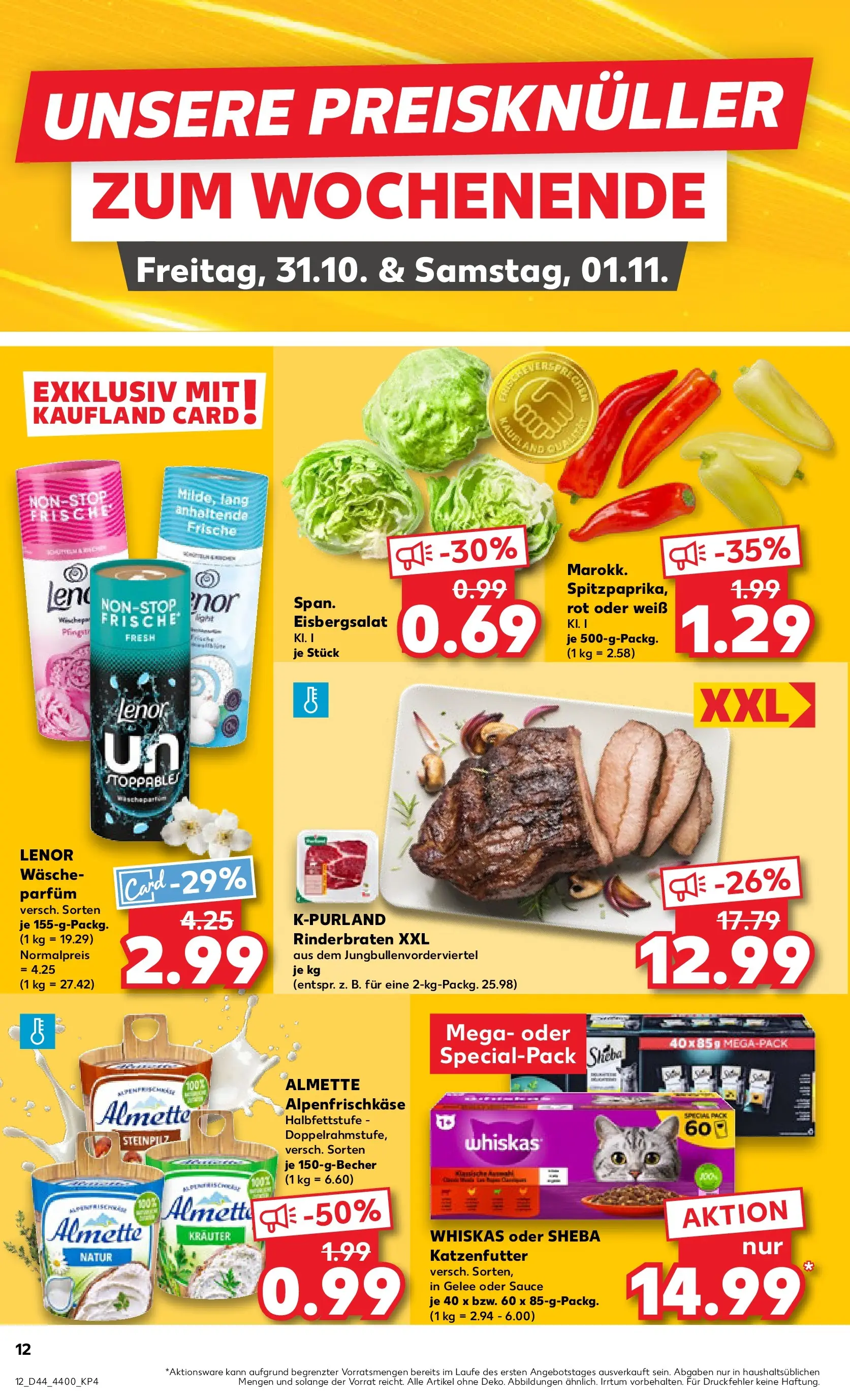 Prospekt Kaufland ab 30.10.2025 » Angebote Online zum Blättern | Seite: 12 | Produkte: Lenor, Rinderbraten, Almette, Whiskas