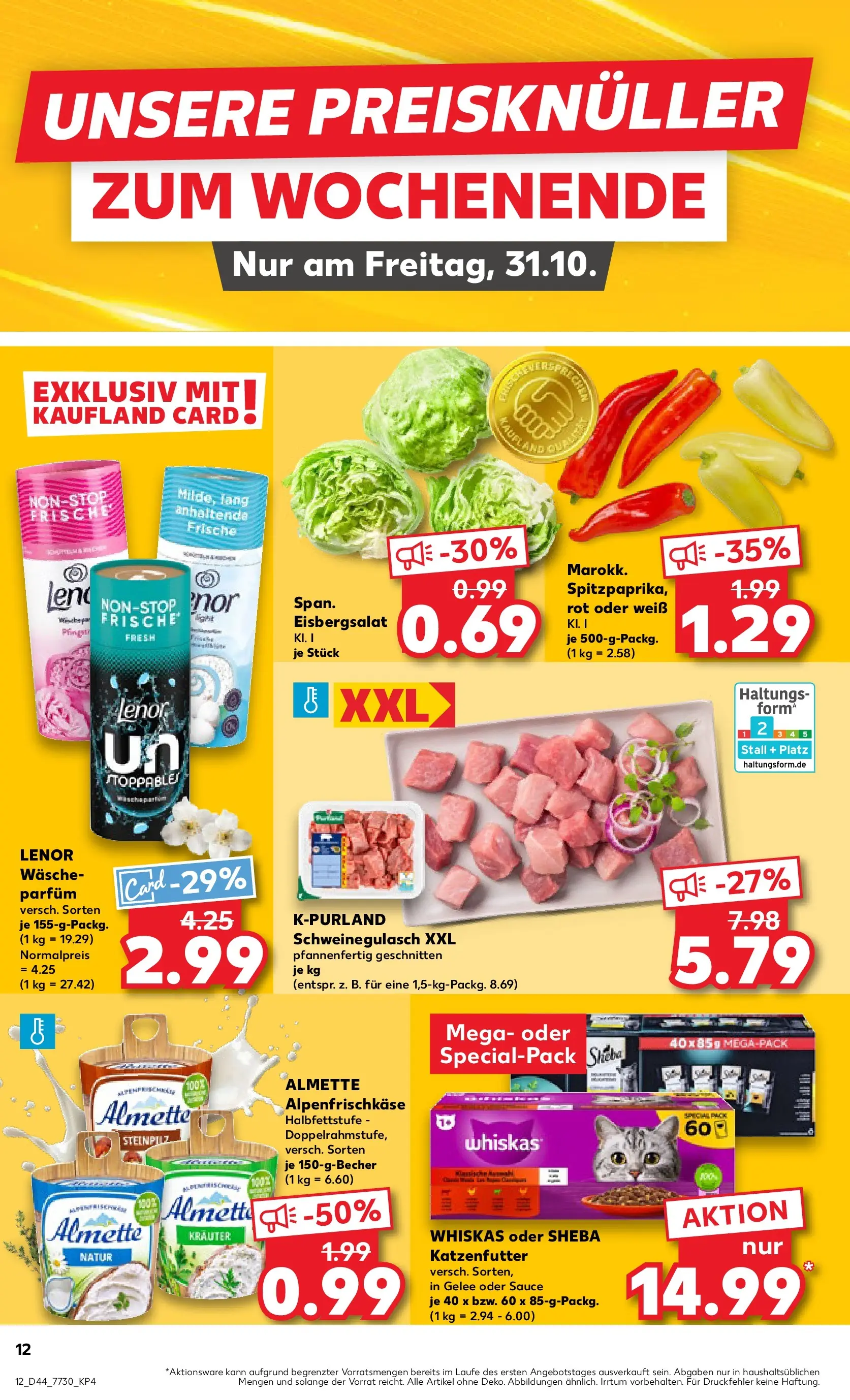 Prospekt Kaufland ab 30.10.2025 » Angebote Online zum Blättern | Seite: 12 | Produkte: Schweinegulasch, Lenor, Almette, Eisbergsalat