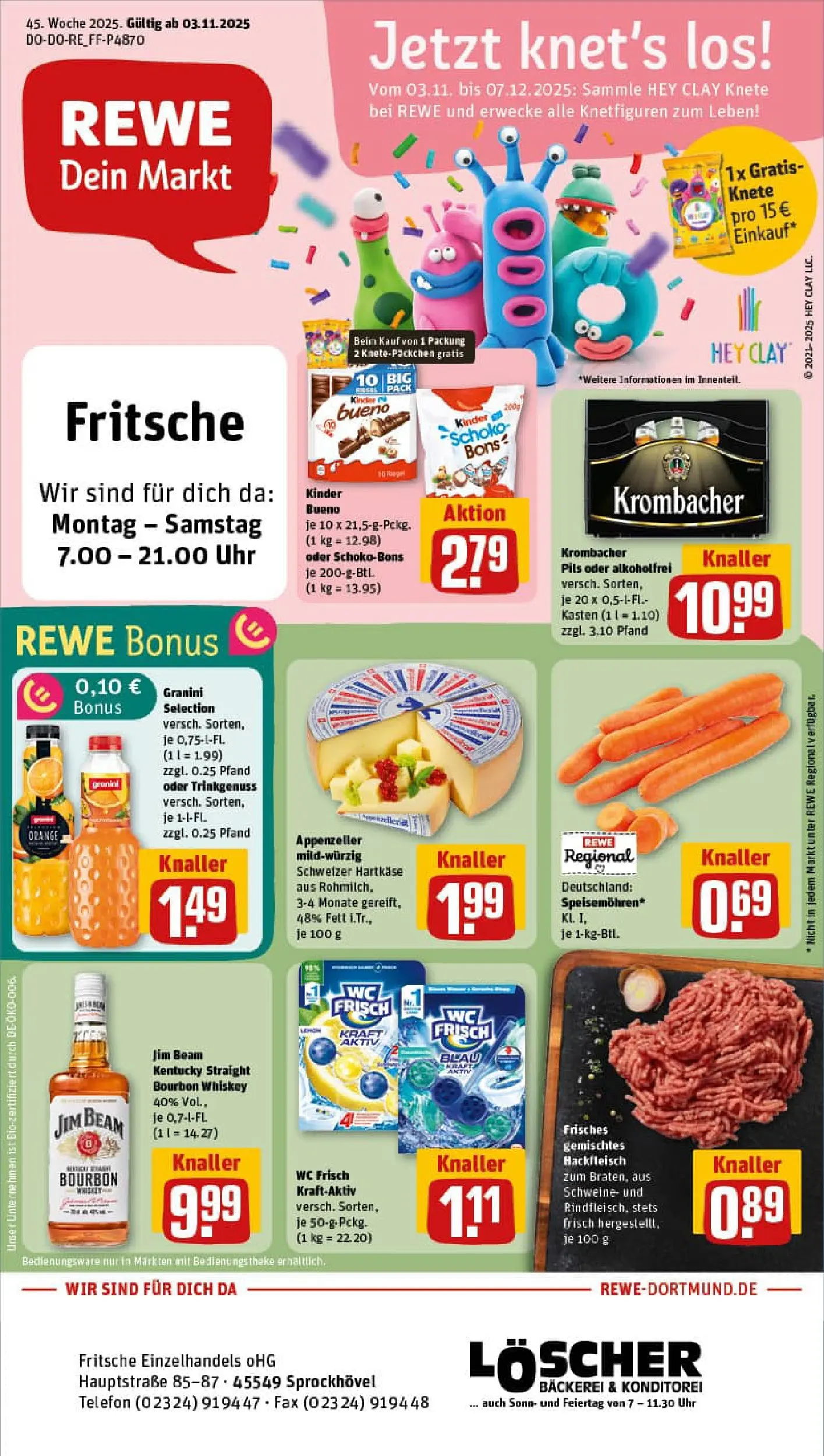 REWE Prospekt ab 02.11.2025 zum Blättern » Angebote | Seite: 1 | Produkte: Jim beam, Kinder bueno, Telefon, Hackfleisch
