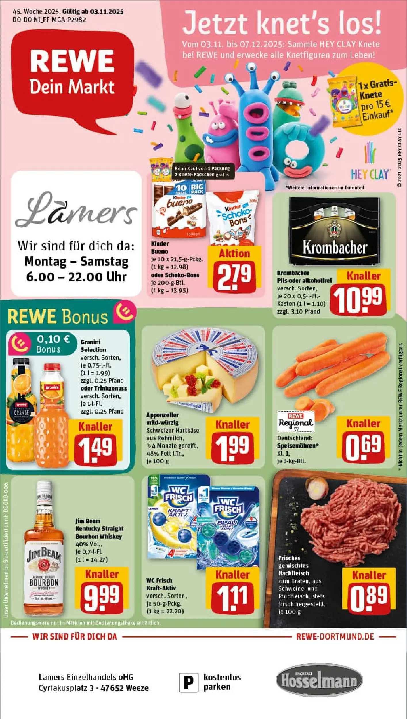 REWE Prospekt ab 02.11.2025 zum Blättern » Angebote | Seite: 1 | Produkte: Kinder bueno, Wc frisch, Bourbon, Hackfleisch
