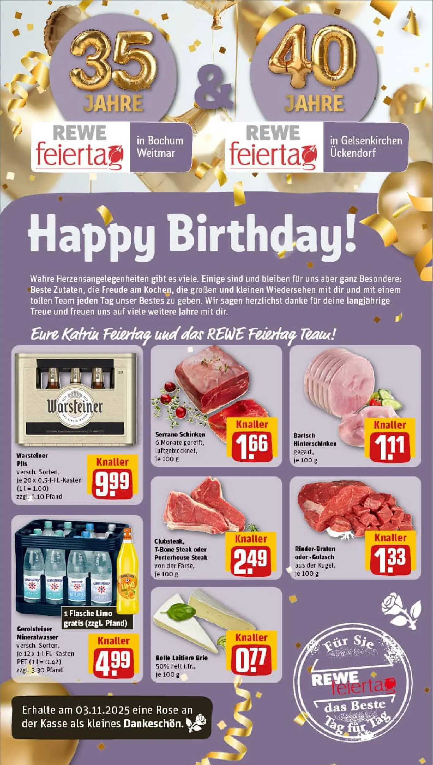 REWE Prospekt ab 02.11.2025 zum Blättern » Angebote | Seite: 1 | Produkte: Rinderbraten, Mineralwasser, Schinken, Gerolsteiner