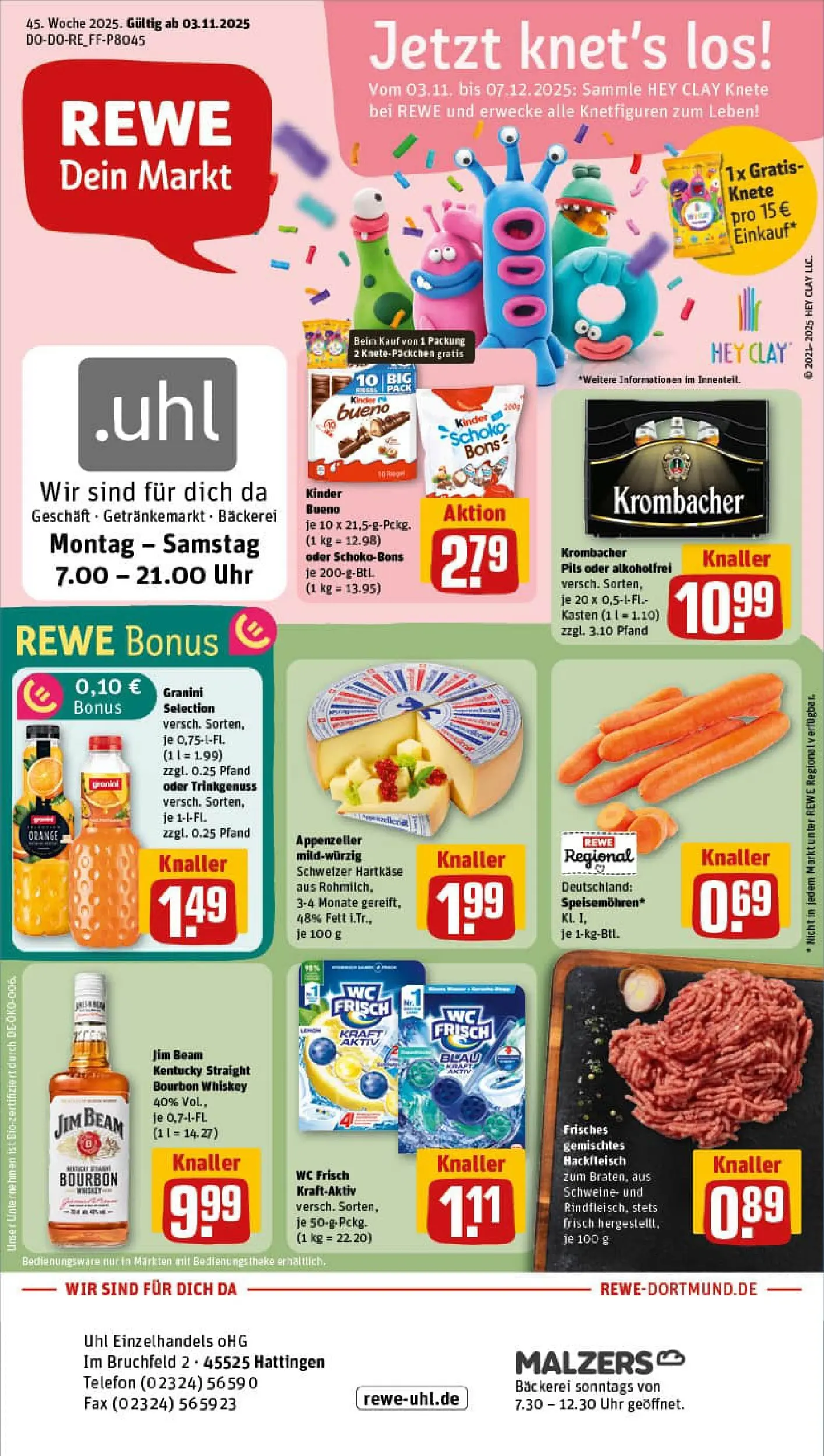 REWE Prospekt ab 02.11.2025 zum Blättern » Angebote | Seite: 1 | Produkte: Kinder bueno, Granini, Uhr, Hackfleisch