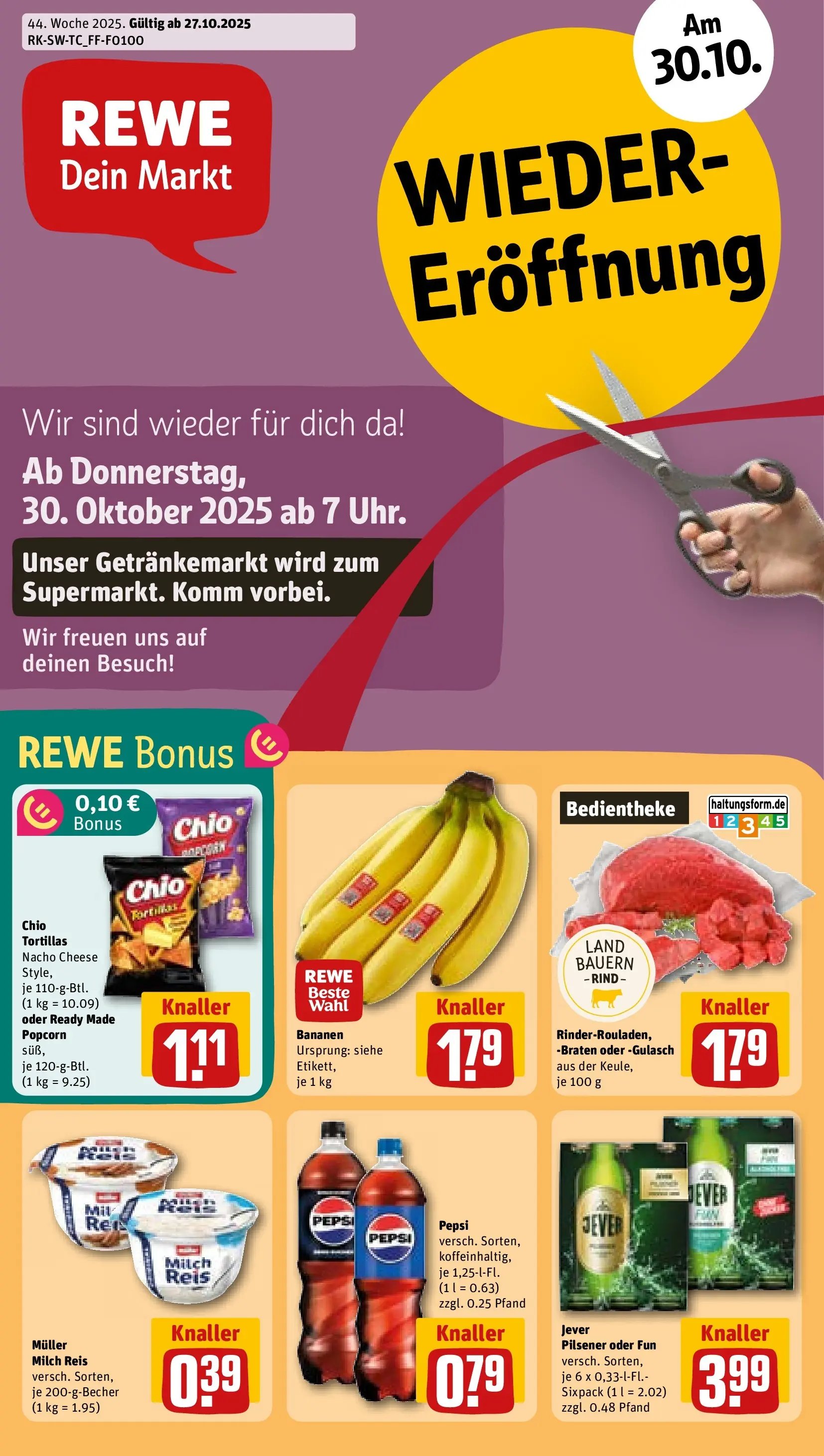 REWE Prospekt ab 27.10.2025 zum Blättern » Angebote | Seite: 1 | Produkte: Pepsi, Chio tortillas, Reis, Chips