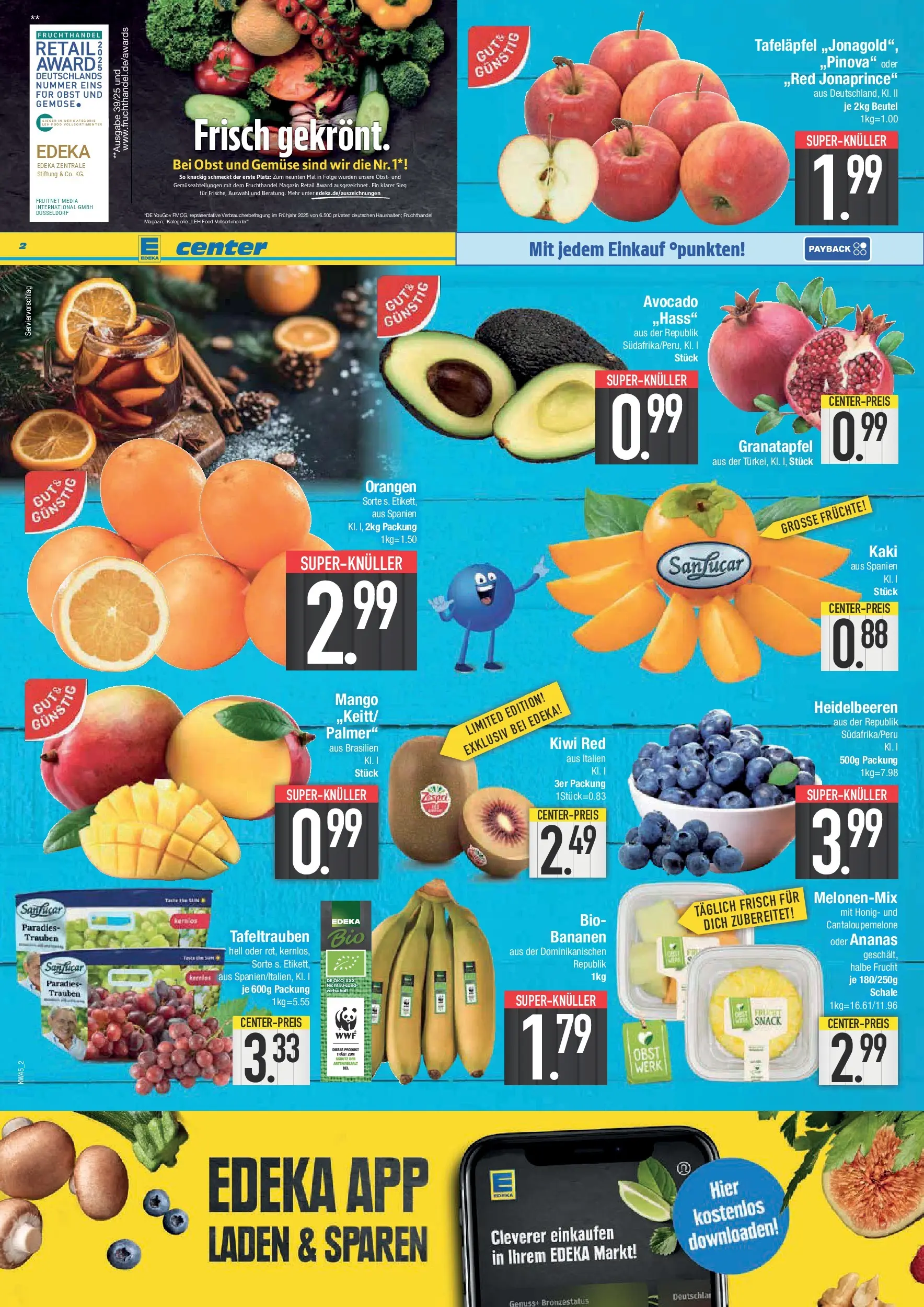 Edeka prospekt Deggendorf	 (ab 02.11.2025) » Angebote Online | Seite: 2 | Produkte: Orangen, Heidelbeeren, Avocado, Kiwi