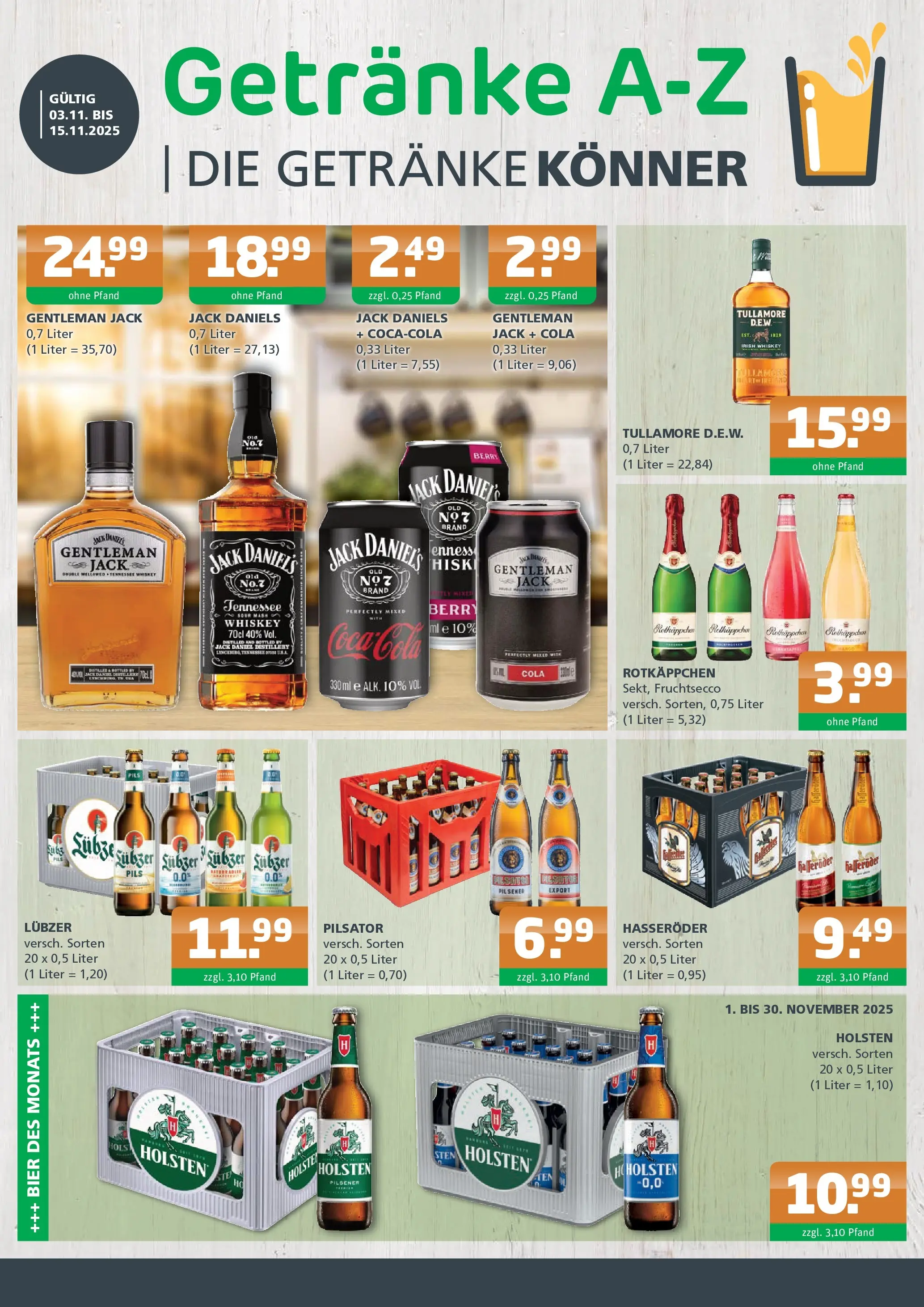 Entdecke - Getränke A-Z: Getränkeangebote (ab 02.11.2025) zum Blättern | Seite: 1 | Produkte: Cola, Jack Daniel's, Fruchtsecco, Lubzer