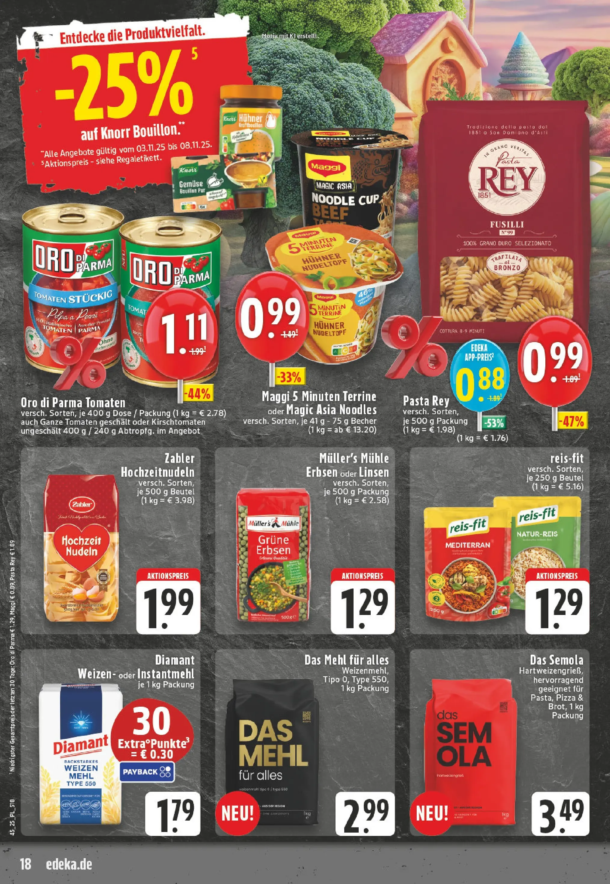 Edeka prospekt Moers-Rheinkamp	 (ab 02.11.2025) » Angebote Online | Seite: 18 | Produkte: Tomaten, Pizza, Nudeln, Erbsen