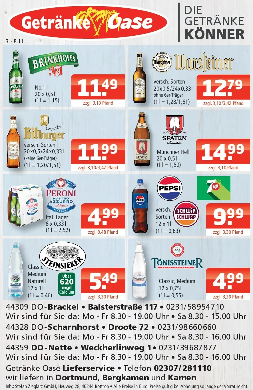 Entdecke - Getränke Oase: Getränkeangebote (ab 02.11.2025) zum Blättern | Seite: 1 | Produkte: Warsteiner, Pepsi, Telefon, Uhr