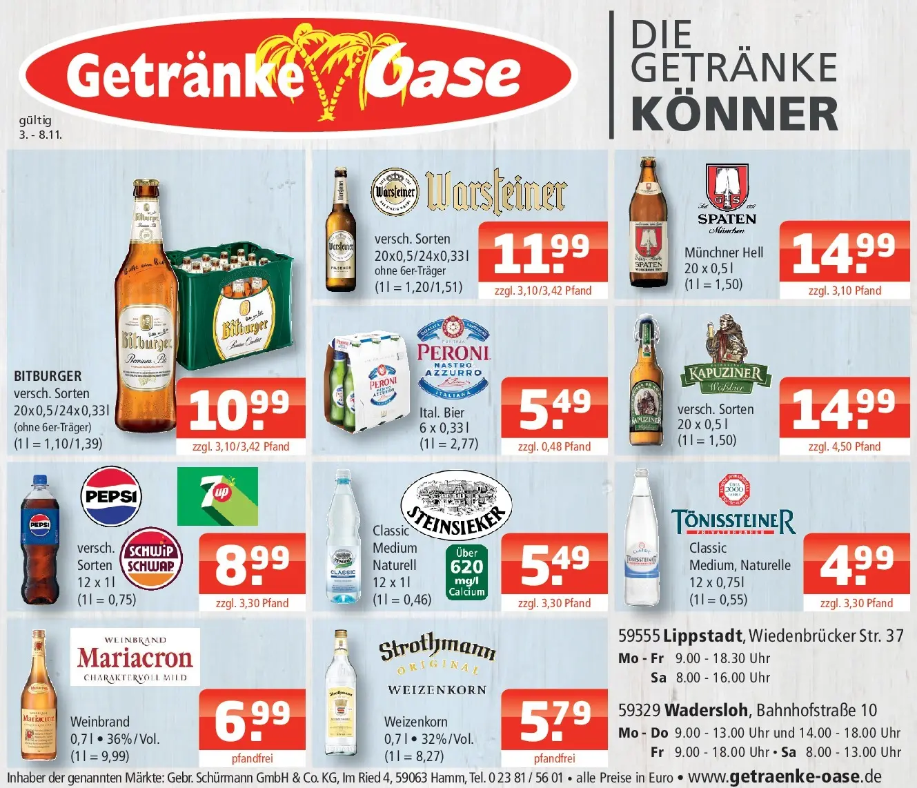 Entdecke - Getränke Oase: Getränkeangebote (ab 02.11.2025) zum Blättern | Seite: 1 | Produkte: Bier, Mariacron, Warsteiner, Pepsi