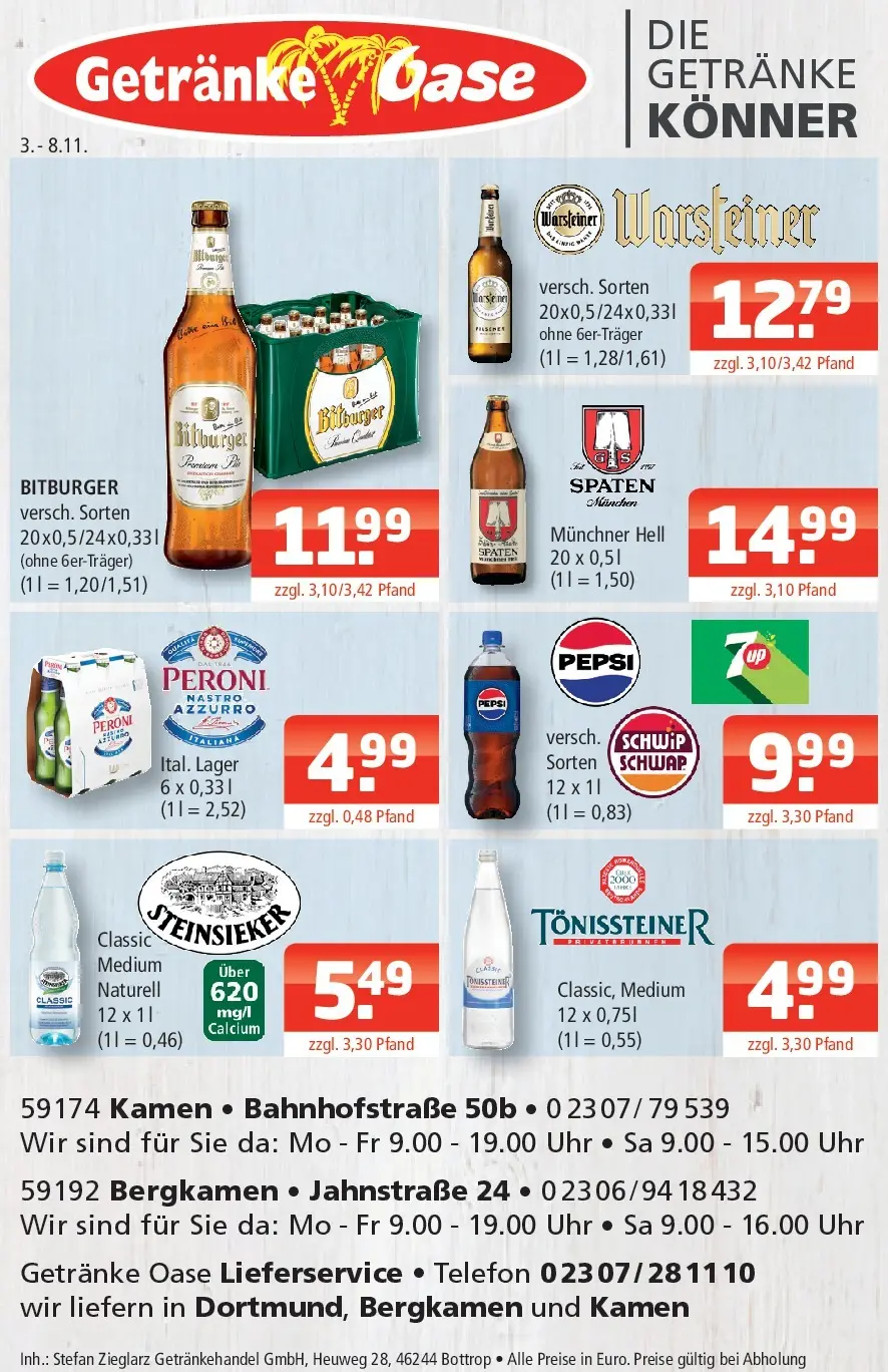 Entdecke - Getränke Oase: Getränkeangebote (ab 02.11.2025) zum Blättern | Seite: 1 | Produkte: Warsteiner, Pepsi, Telefon, Uhr