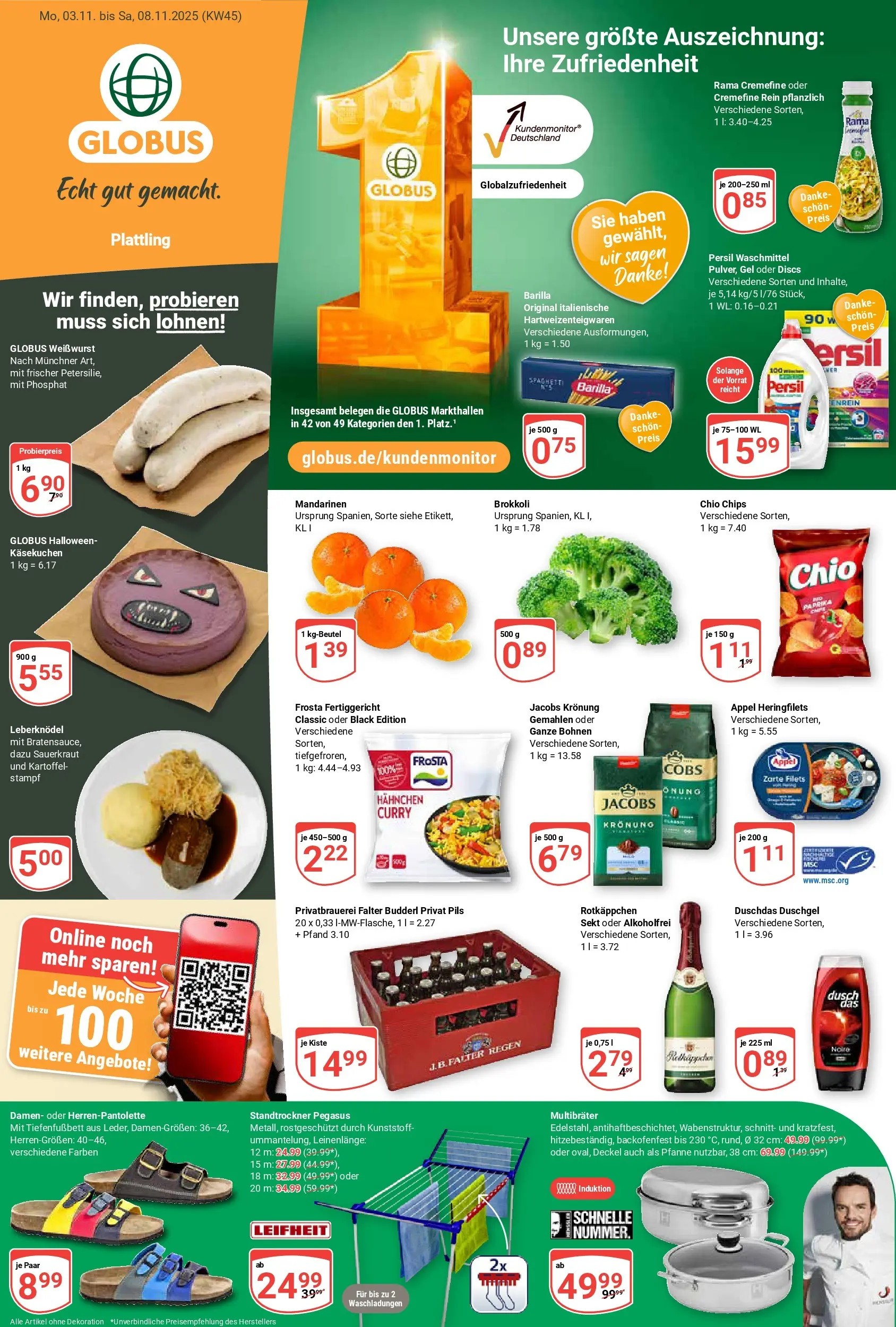 Globus prospekt Plattling	 (ab 02.11.2025) » Angebote online | Seite: 1 | Produkte: Hahnchen, Barilla, Duschgel, Paprika