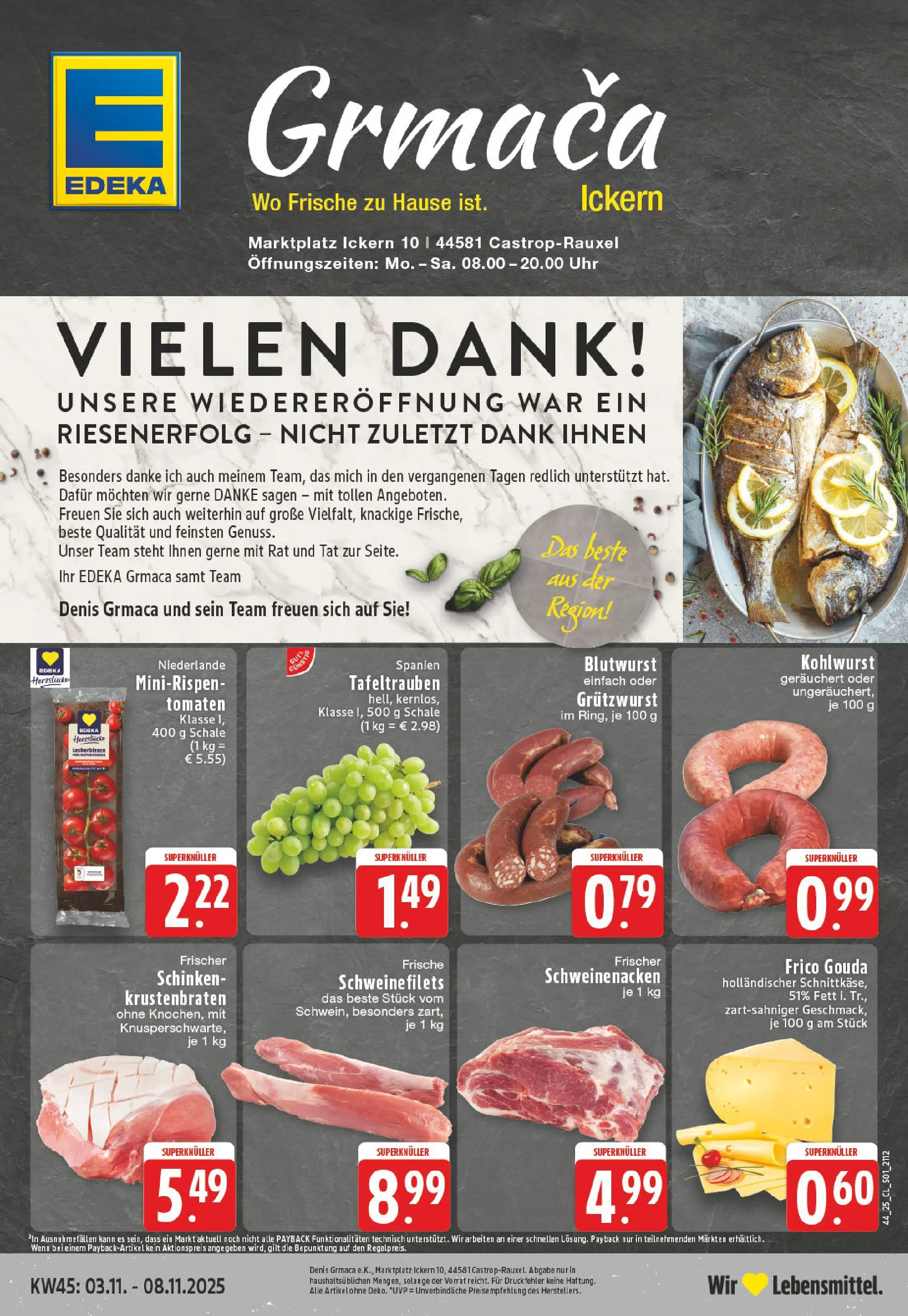 Edeka prospekt Castrop-Rauxel	 (ab 02.11.2025) » Angebote Online | Seite: 1 | Produkte: Schweinenacken, Tomaten, Schinken, Uhr