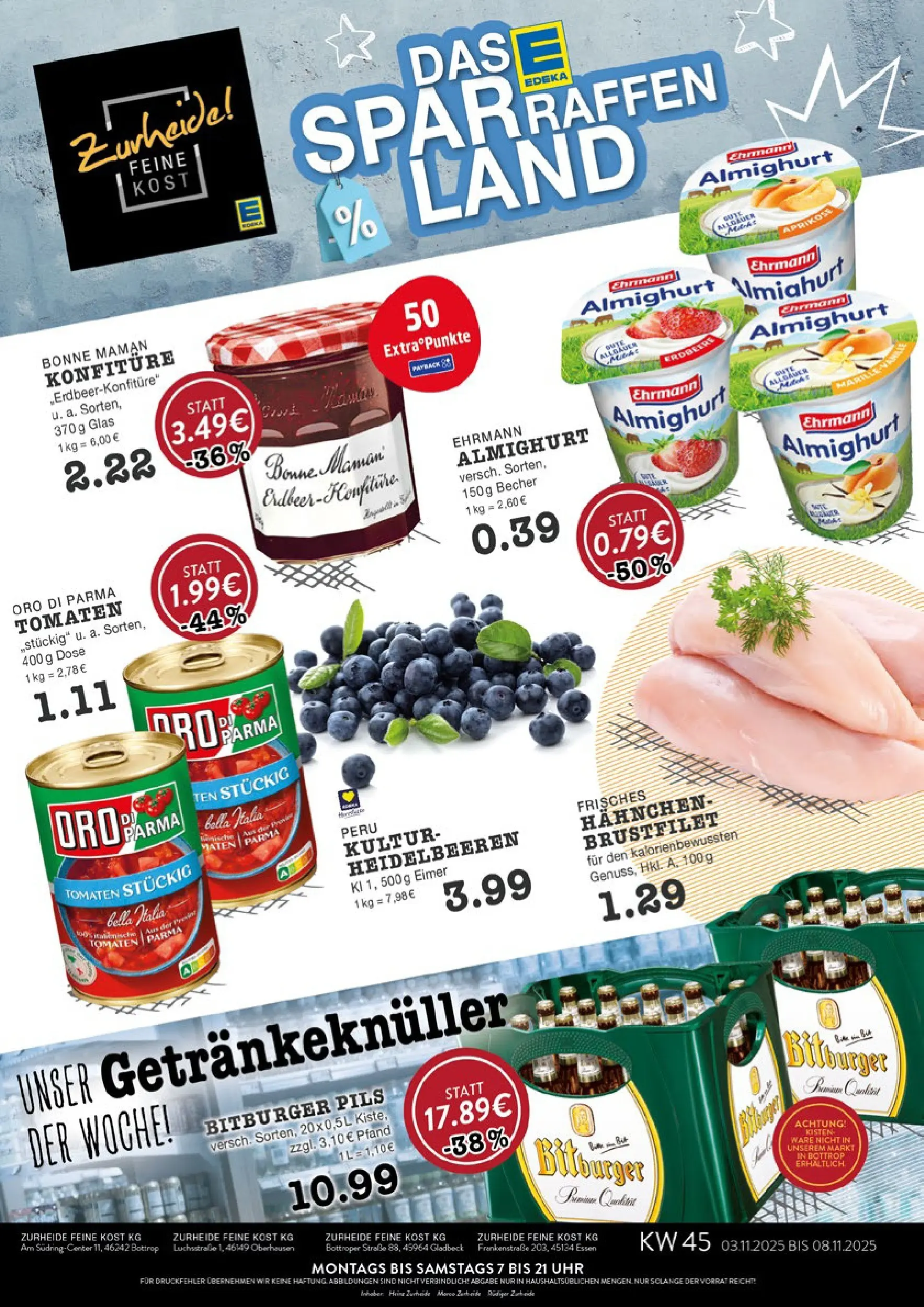 Edeka prospekt Bottrop	 (ab 02.11.2025) » Angebote Online | Seite: 1 | Produkte: Hahnchen, Ehrmann almighurt, Oro di parma, Heidelbeeren
